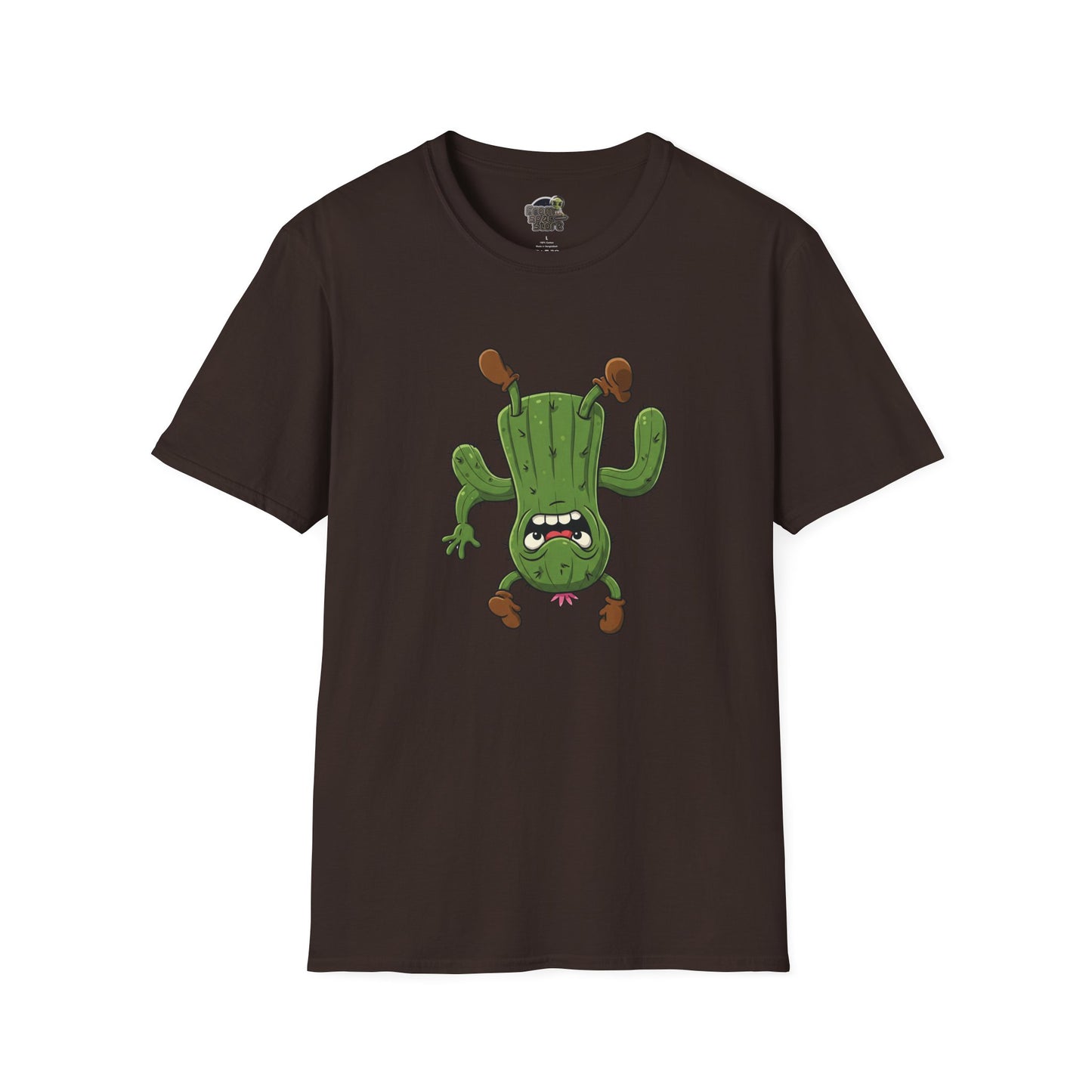 Shocked Cactus T-Shirt: Funky Upside-Down Cactus Tee | Organic Cotton Unisex Graphic Shirt Dark Chocolate