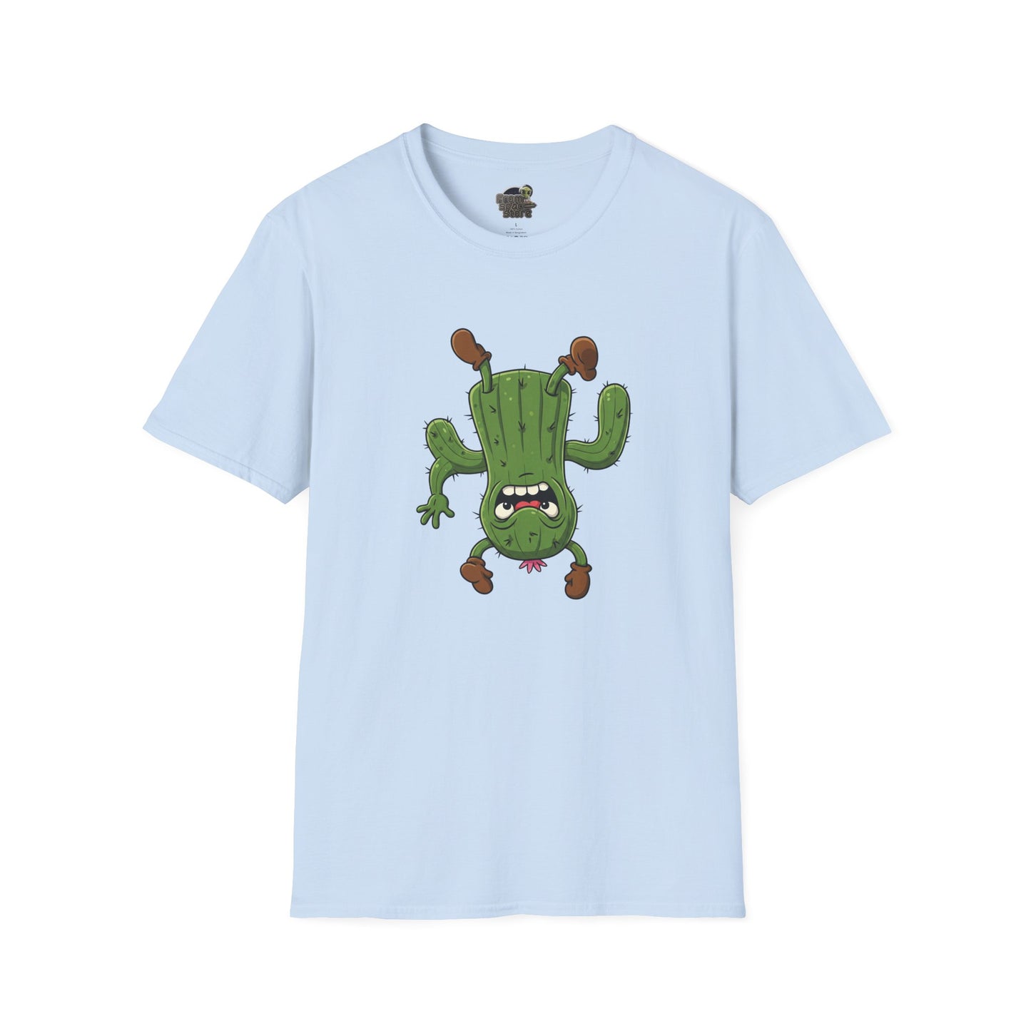 Shocked Cactus T-Shirt: Funky Upside-Down Cactus Tee | Organic Cotton Unisex Graphic Shirt Light Blue