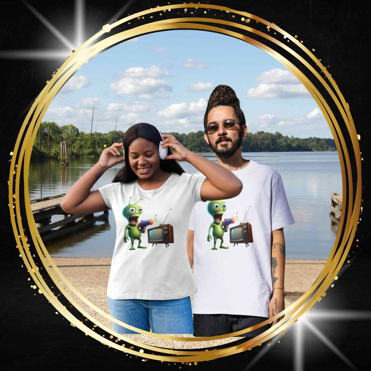 Two people by a lake wearing white unisex t-shirts with an alien doing tv.
