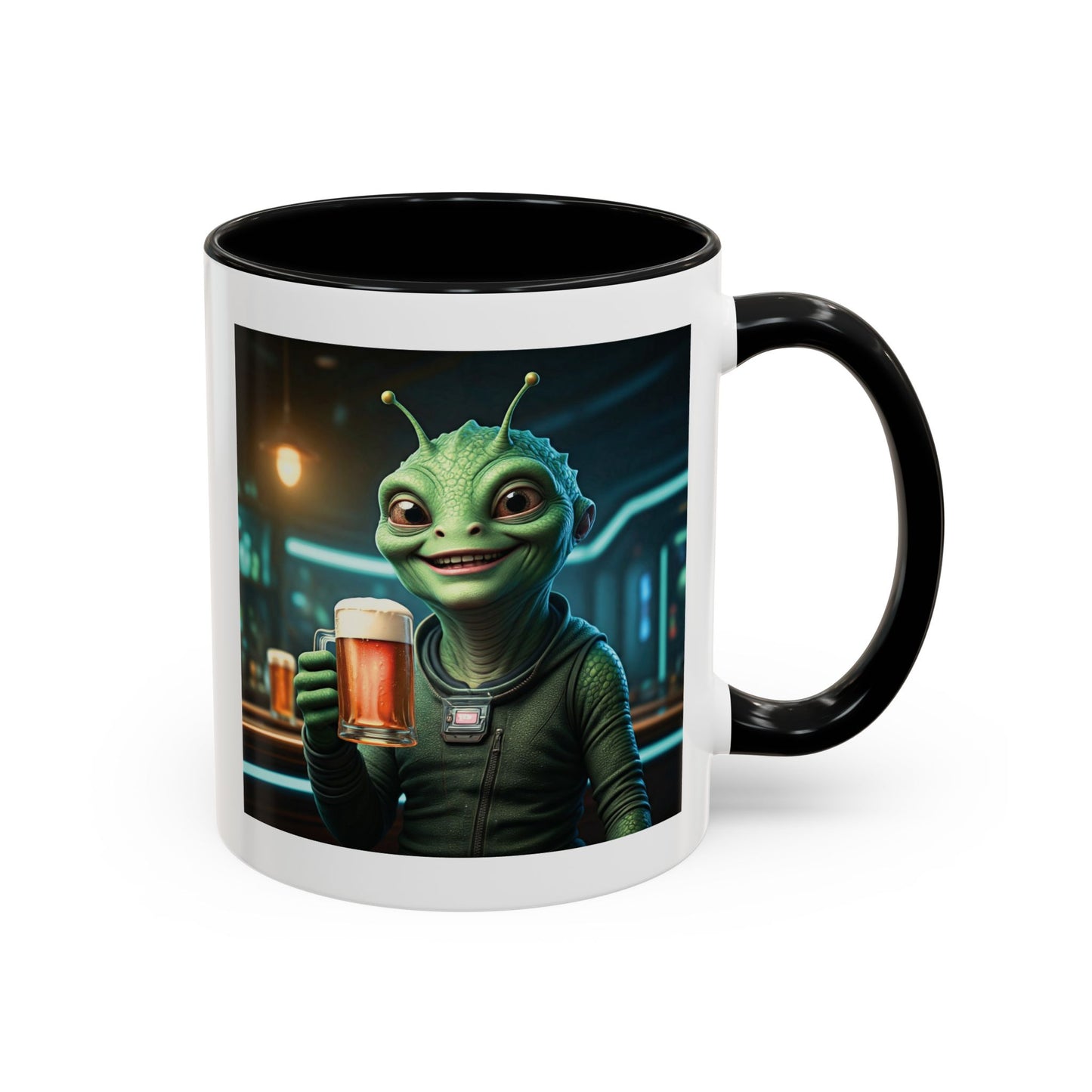 Alien woman beer black mug pub