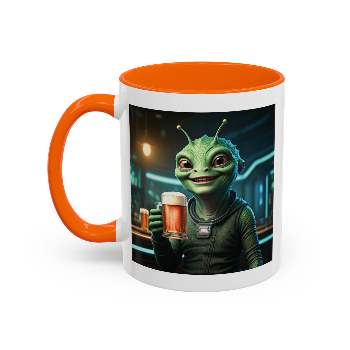 Alien woman beer orange mug pub, Left handle view