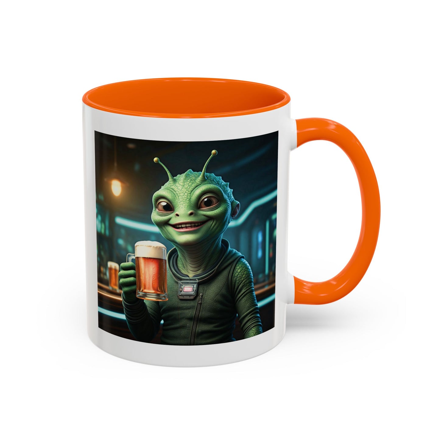 Alien woman beer orange mug pub