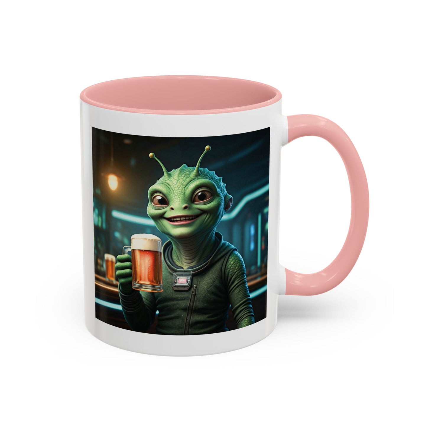 Alien woman beer pink mug pub