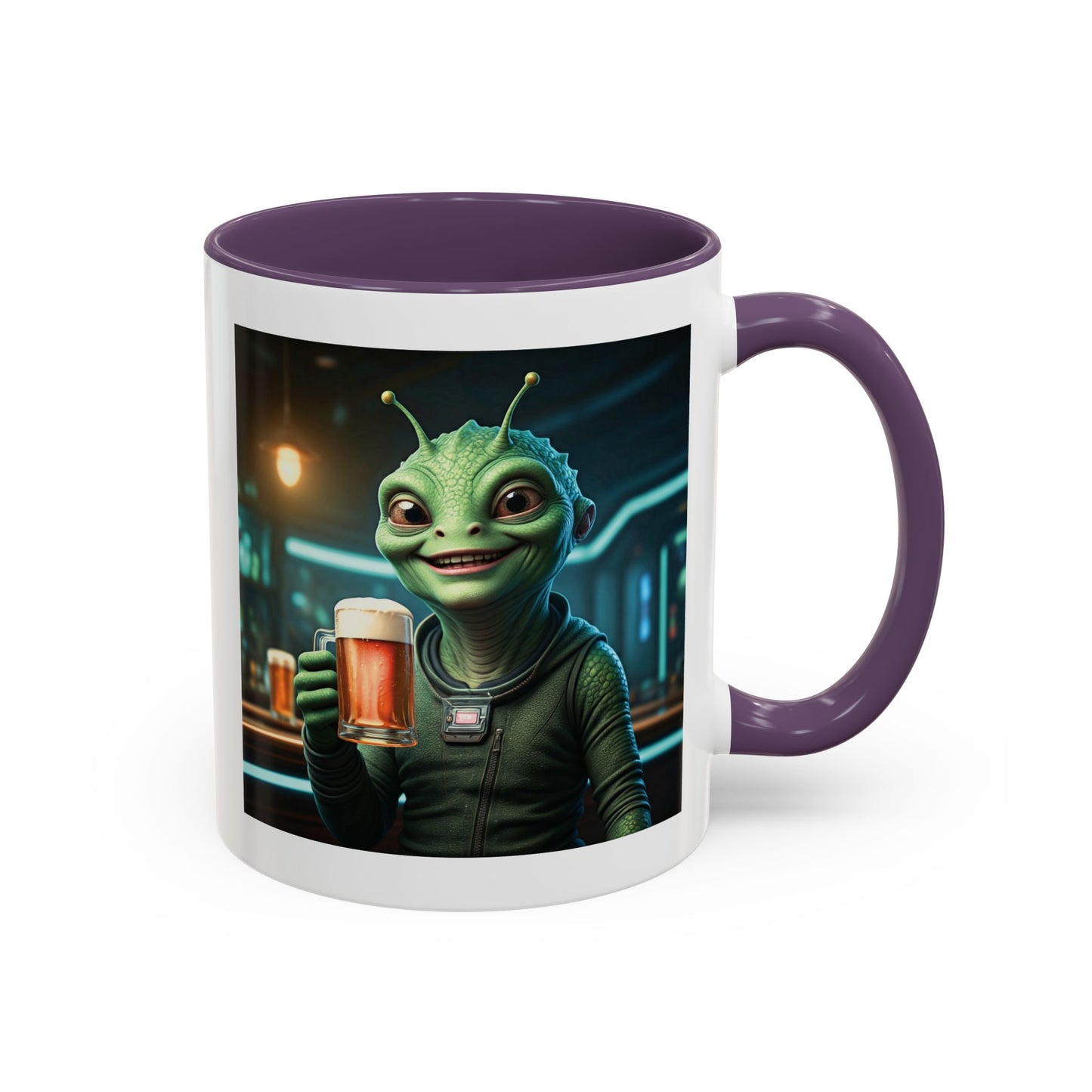Alien woman beer purple mug pub