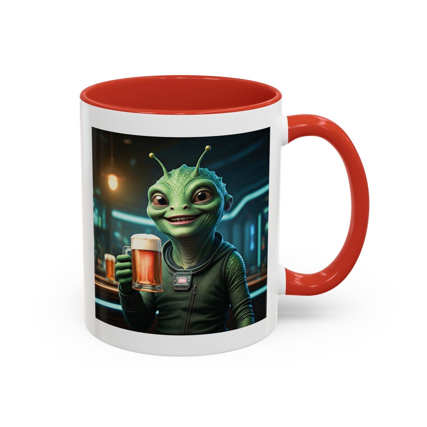 Alien woman beer red mug pub