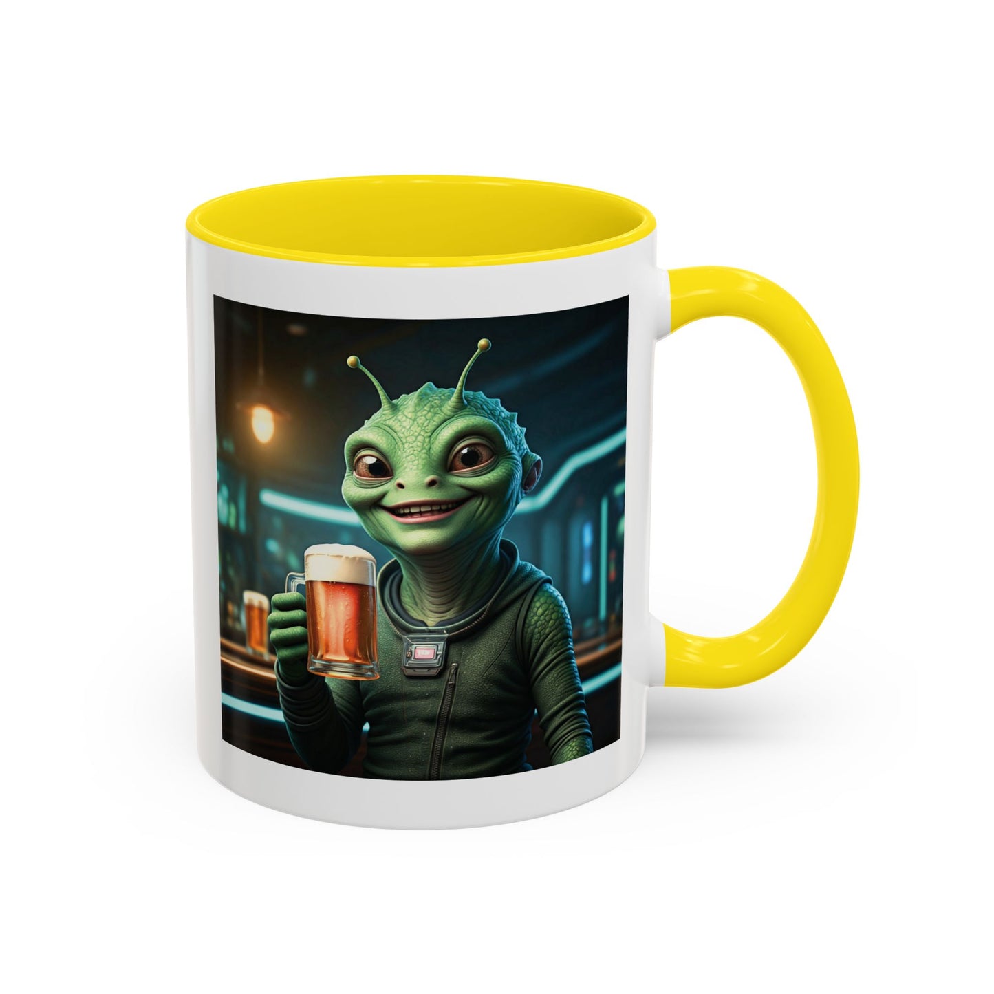 Alien woman beer yellow mug pub
