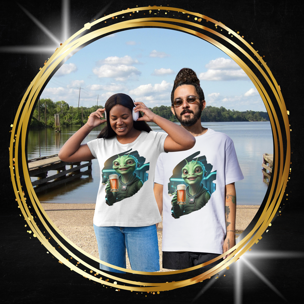 Alien T-Shirt with Beer Unisex: Funny Space Pub Print - Organic Cotton, Various Sizes & Colors