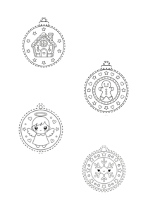 Christmas tree ornement designs to color: Gingerbread house, Gingerbread man, Cherub, Snowflake