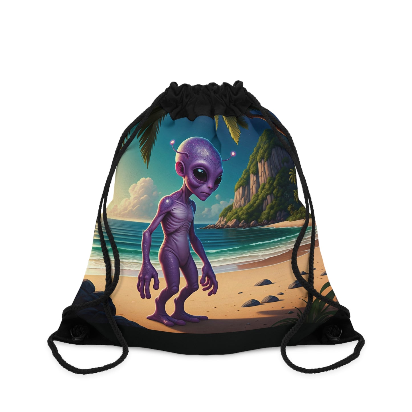 "Alien at Beach" Drawstring Bag: Sci-Fi Fun for Every Adventure! One size