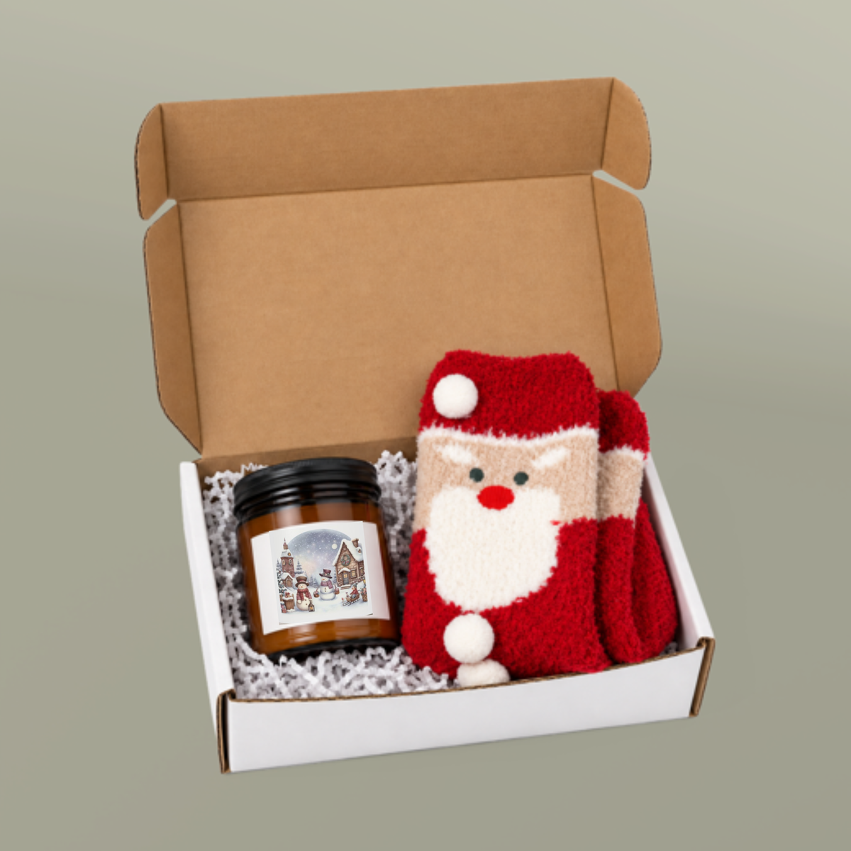 Cozy Snowman Village Candle & Fluffy Santa Socks Gift Set