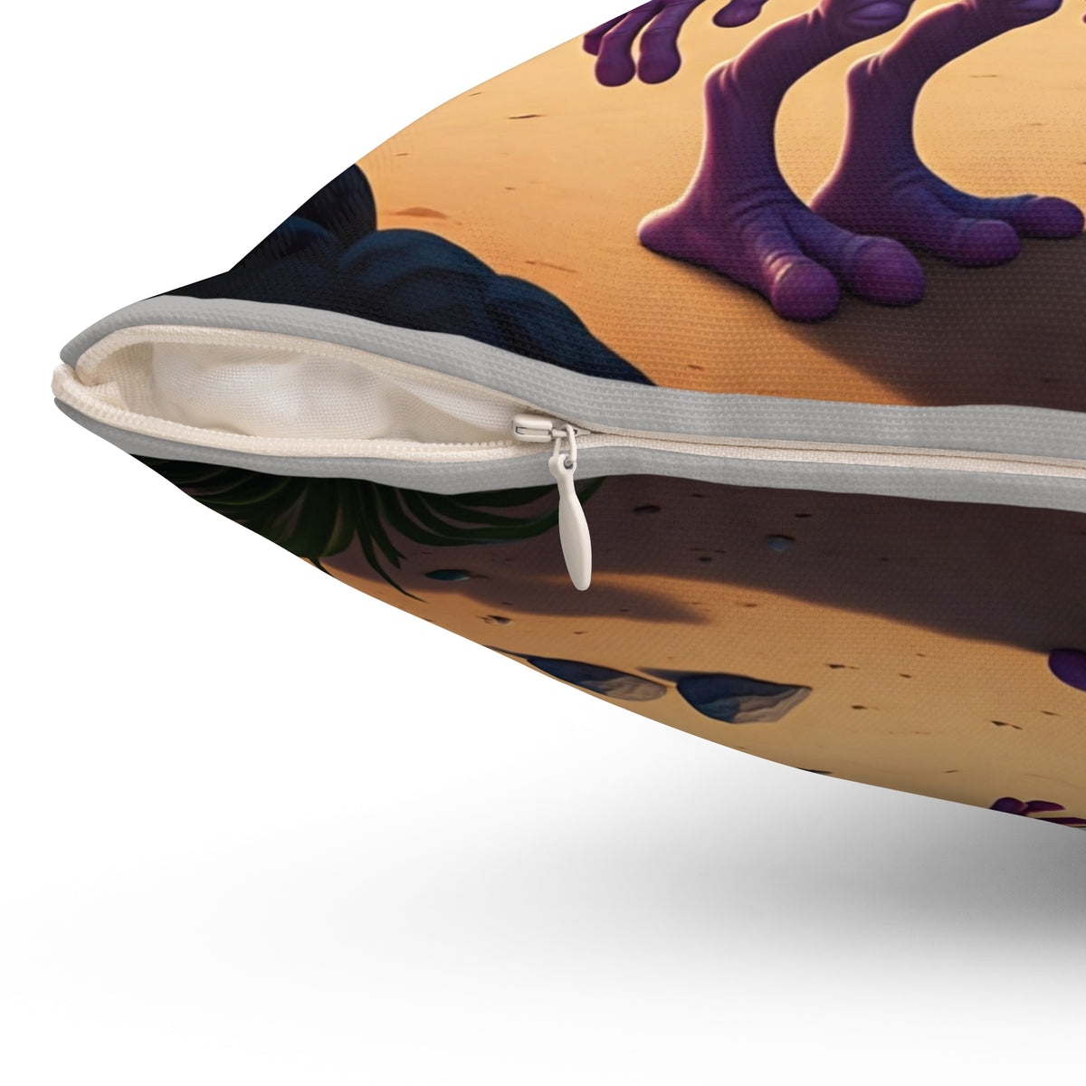 Close-up detail of the hidden zipper and premium fabric quality on the From Space Store alien beach throw pillow.