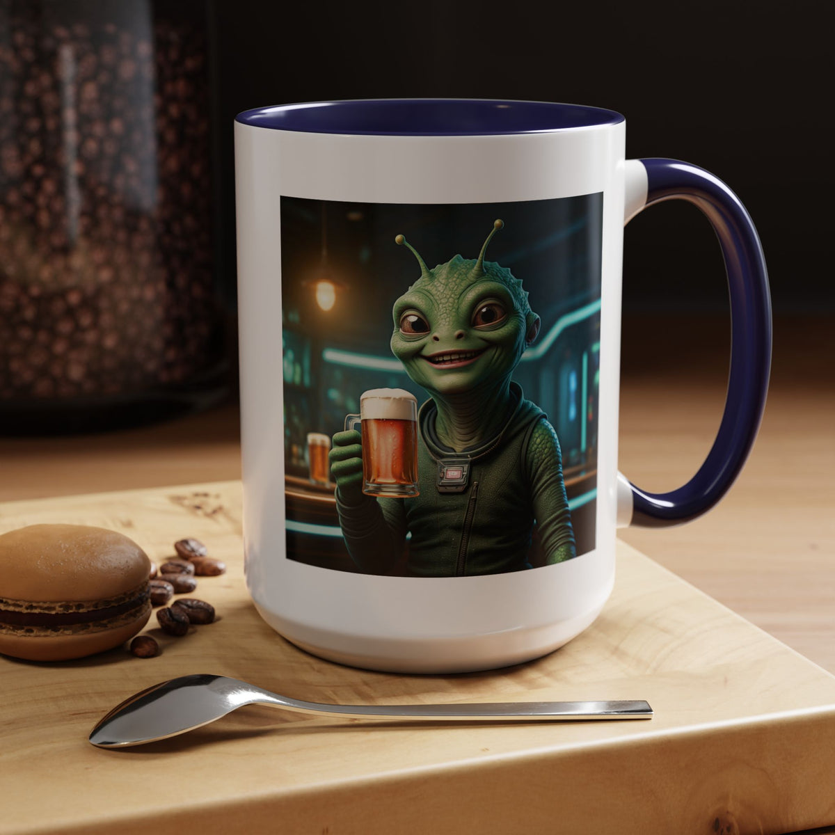 Unusual alien art ceramic mug, funny sci-fi drinkware and cool outer space gift for alien lovers.