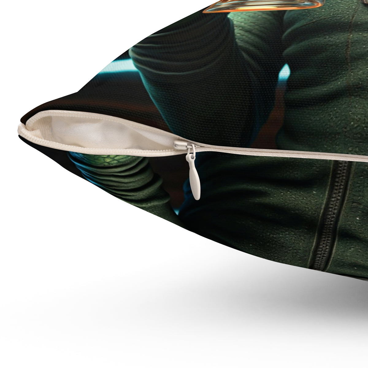 Close-up detail of the hidden zipper and premium fabric quality on the From Space Store alien beer throw pillow.