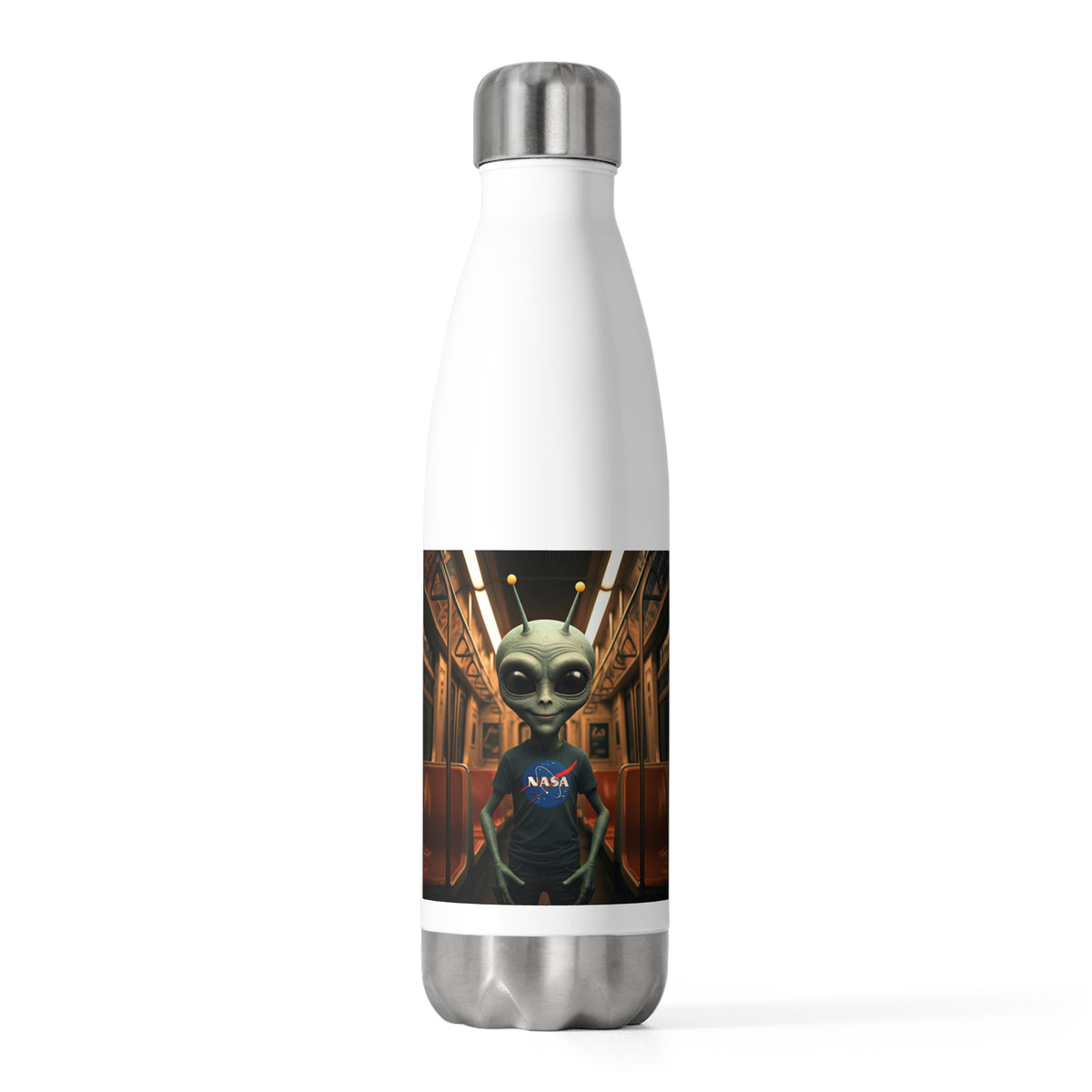 Front studio view of a white stainless steel water bottle displaying a green alien standing inside a subway car in full urban style.