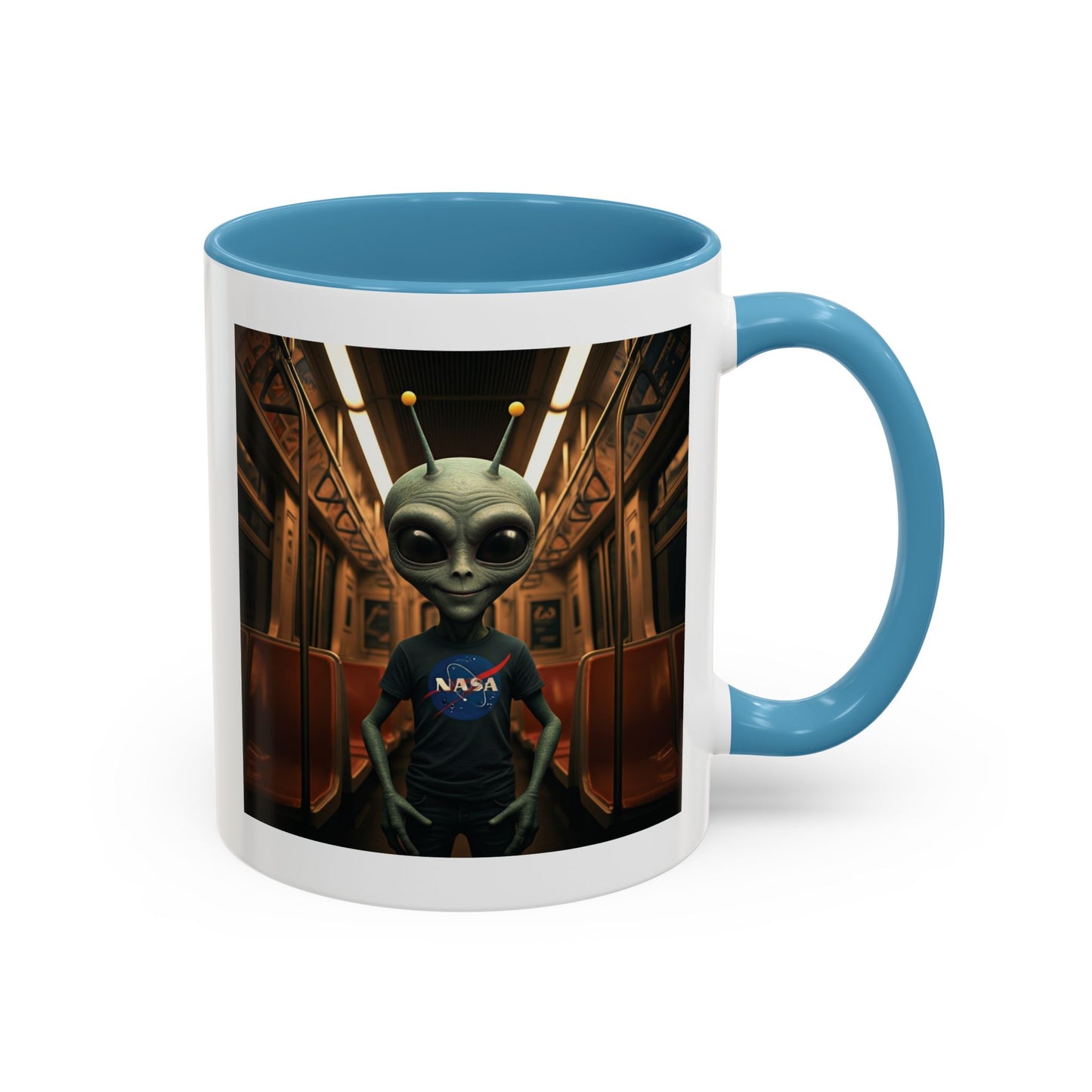 Alien riding the subway on a unique light Blue mug