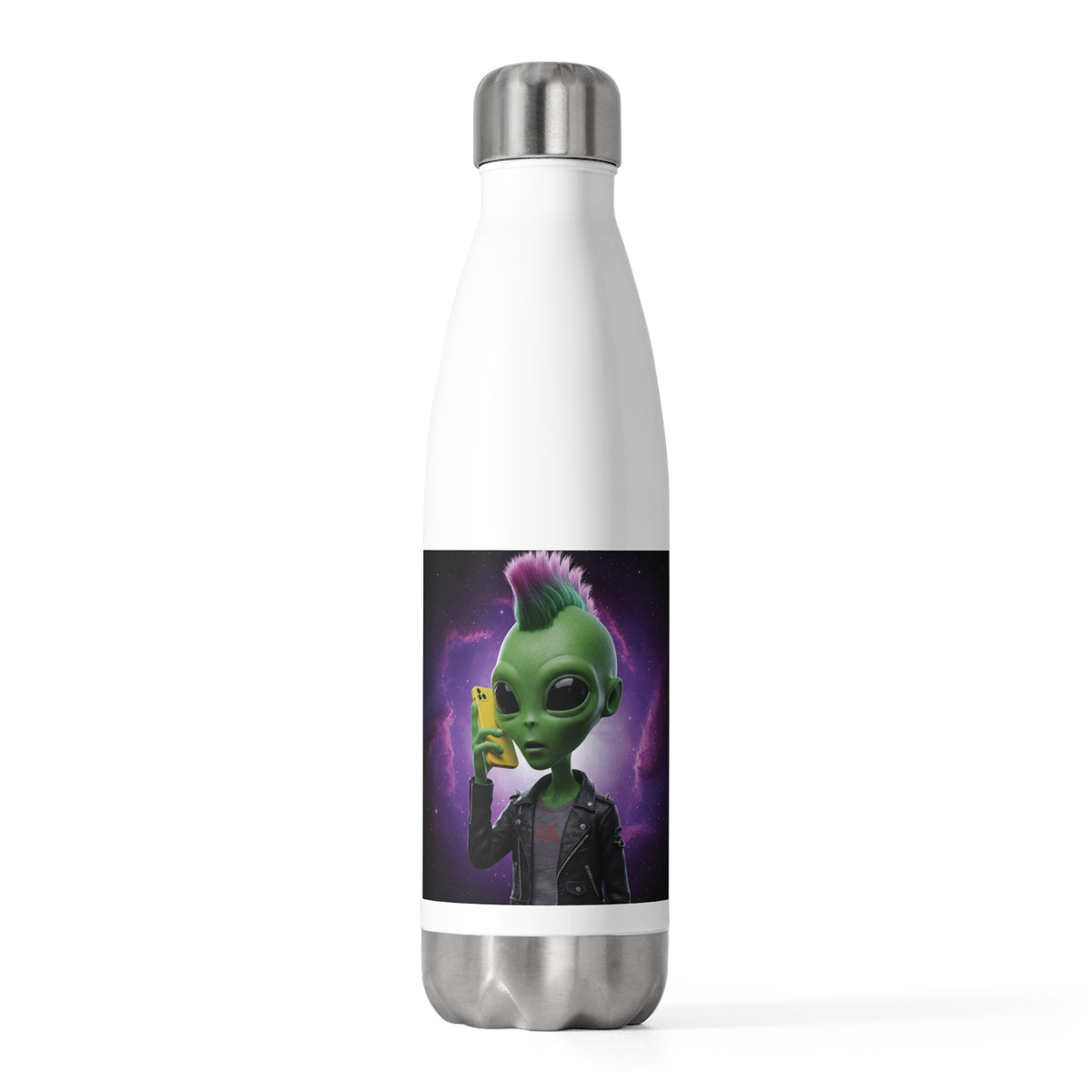 Front studio view of a white stainless steel water bottle displaying a green alien with a purple mohawk holding a yellow smartphone wearing a leather jacket.