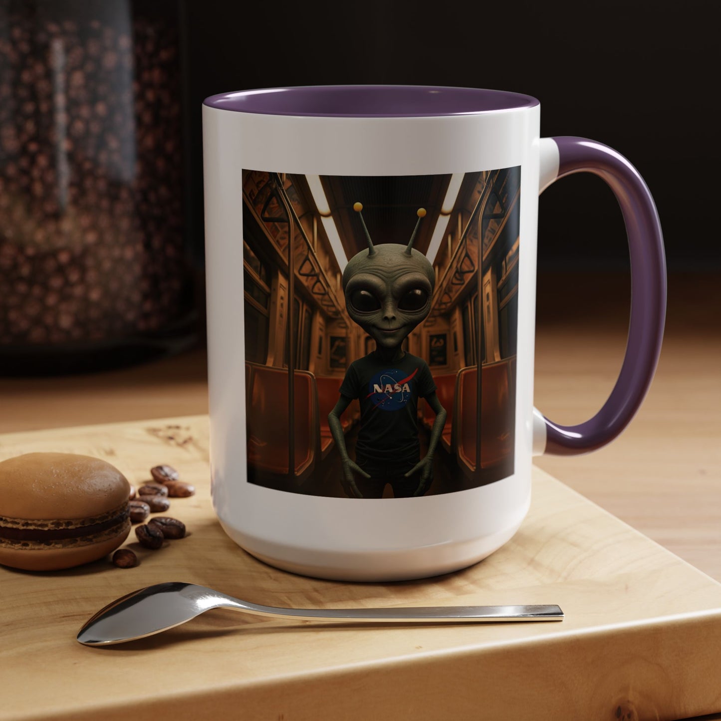 Sci-fi themed ceramic mug with quirky alien subway art, aesthetic coffee mug and perfect gift for fans.
