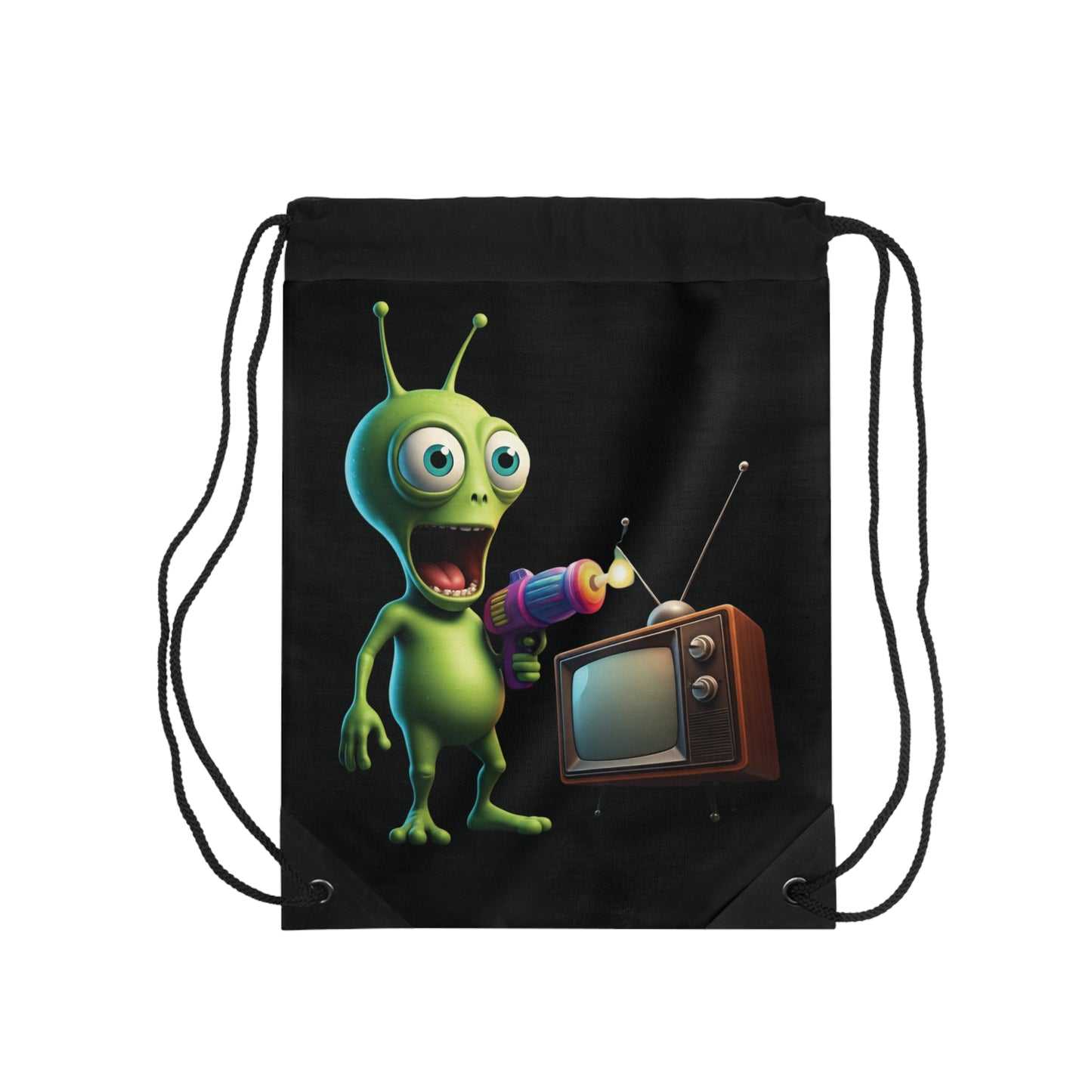 Alien Vibes Drawstring Bag: Bright Green Alien with Ray Gun & Retro TV - Fun Sci-Fi Backpack
