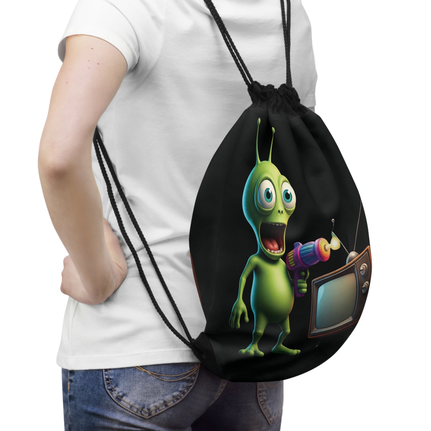 Alien Vibes Drawstring Bag: Bright Green Alien with Ray Gun & Retro TV - Fun Sci-Fi Backpack