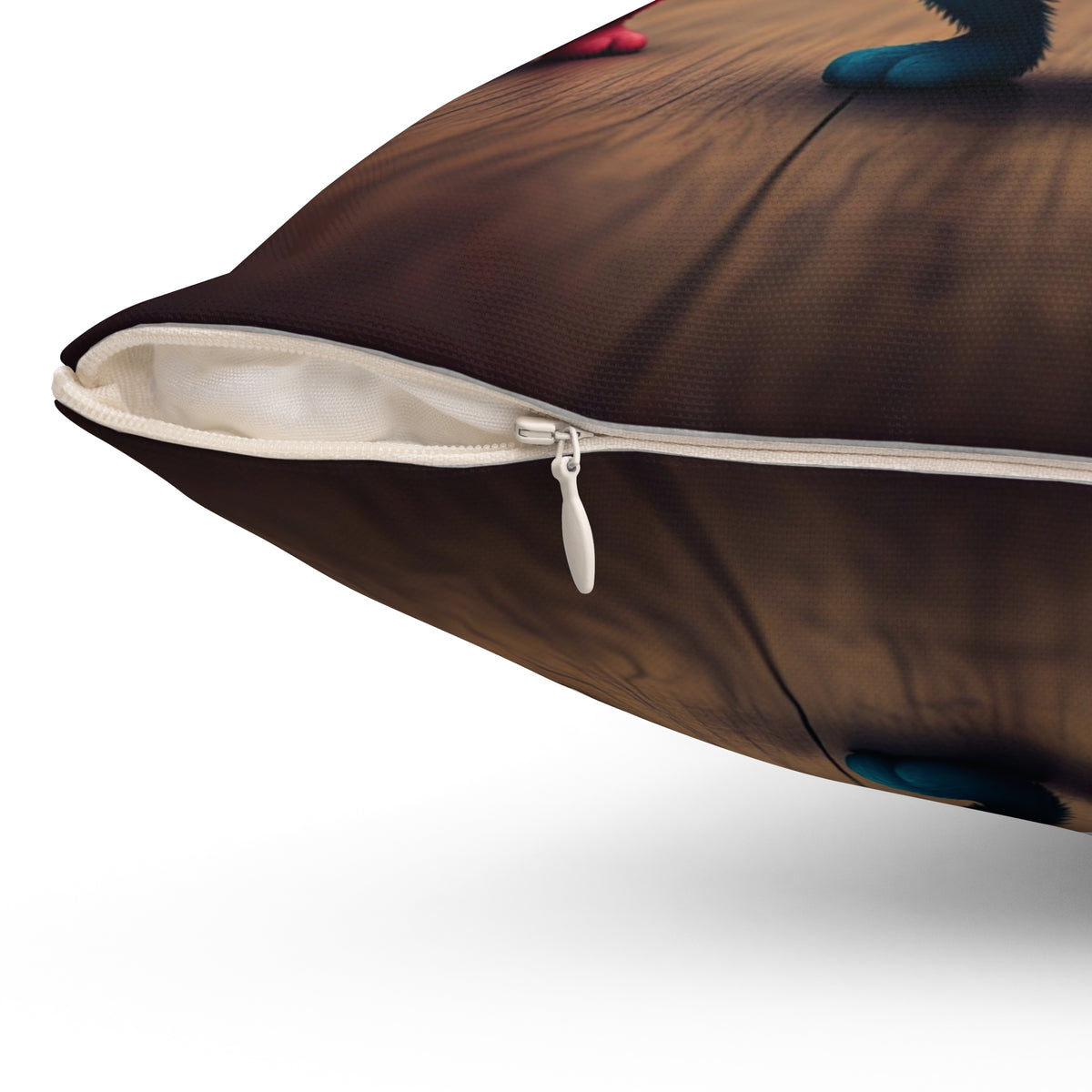 Close-up detail of the hidden zipper and premium fabric quality on the From Space Store alien throw pillow.