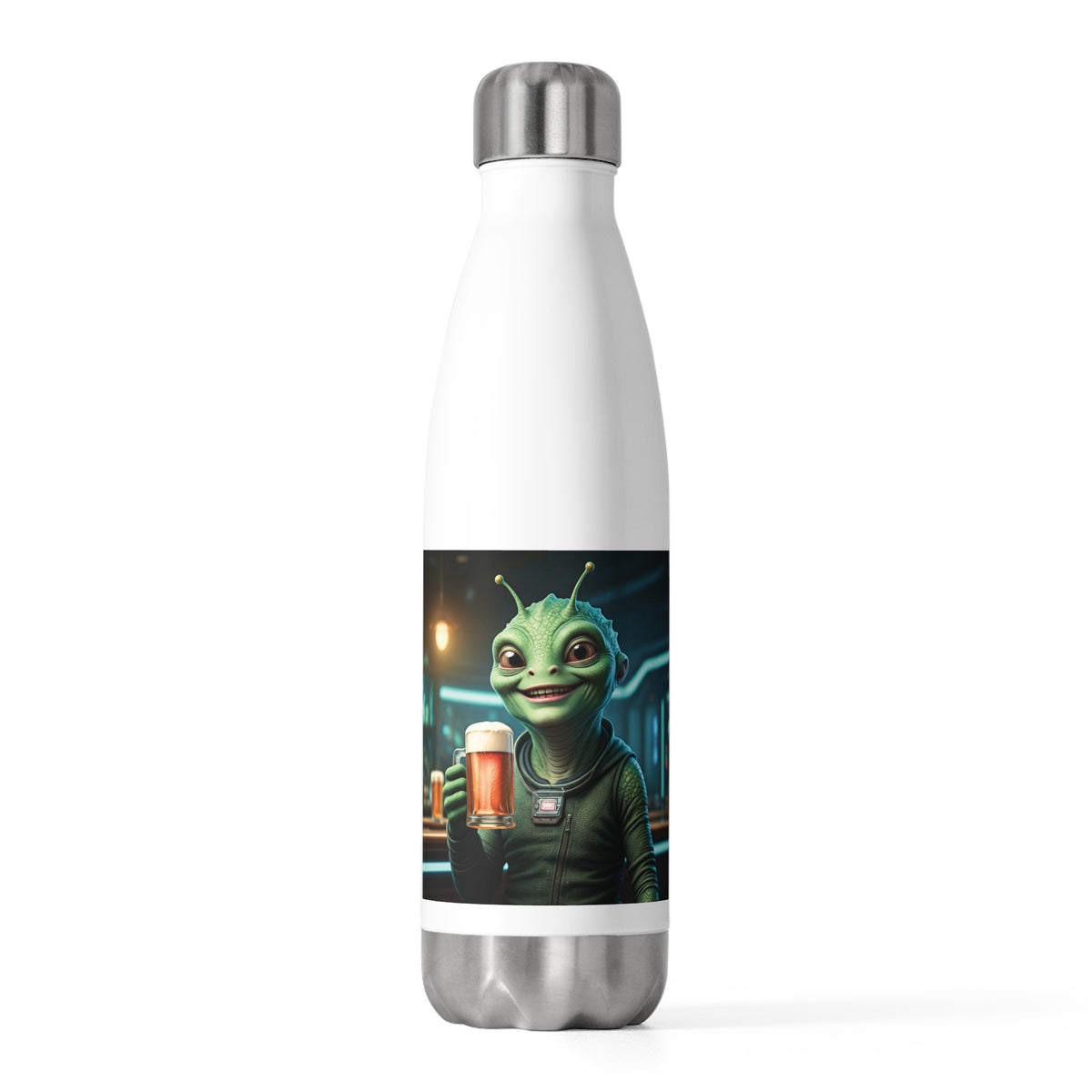 Front studio view of a white stainless steel water bottle displaying a smiling green alien holding a cold glass of beer in a bar setting.