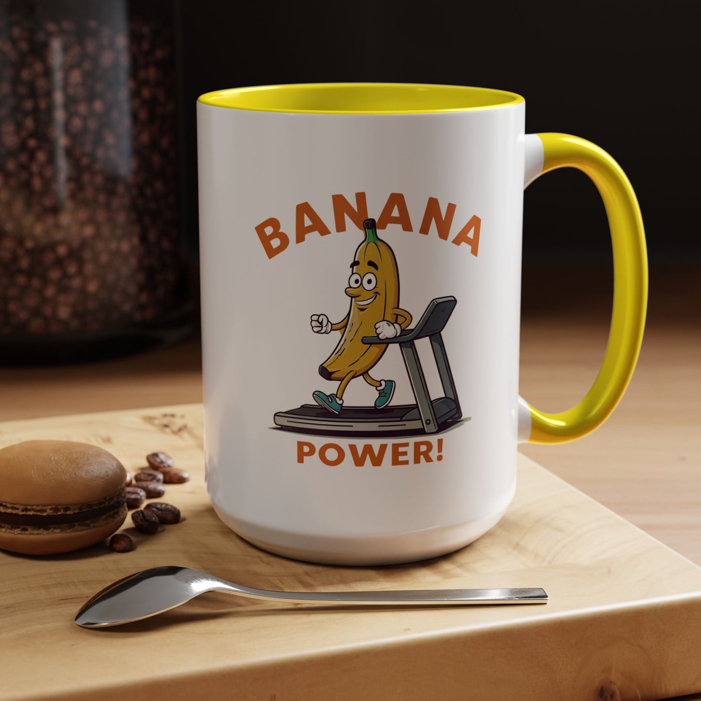 Athletic fruits banana workout coffee mug, unique novelty drinkware and cool humorous gift for gym and fruit lovers.