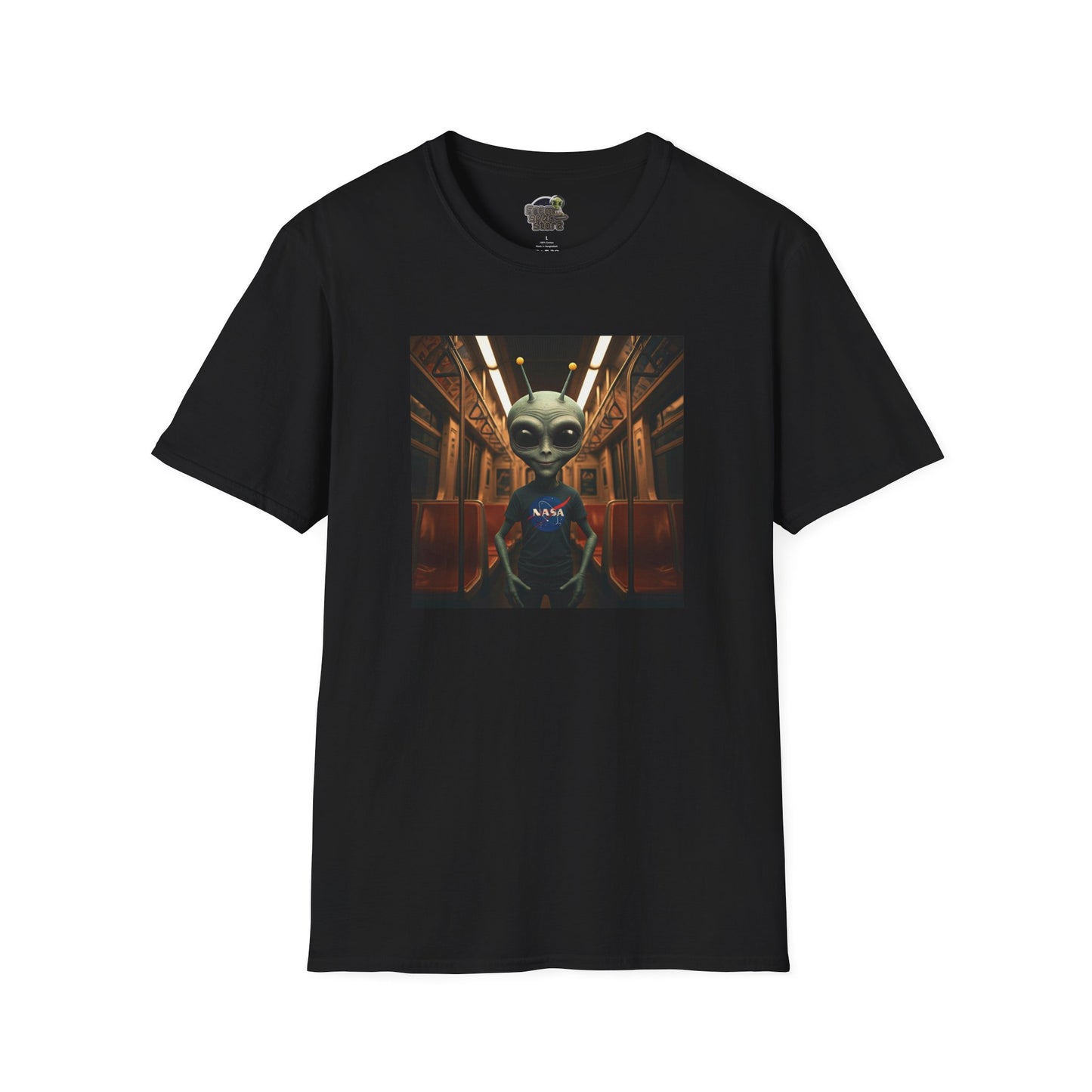 black Unisex alien in subway T-shirt: funny and modern graphic tee