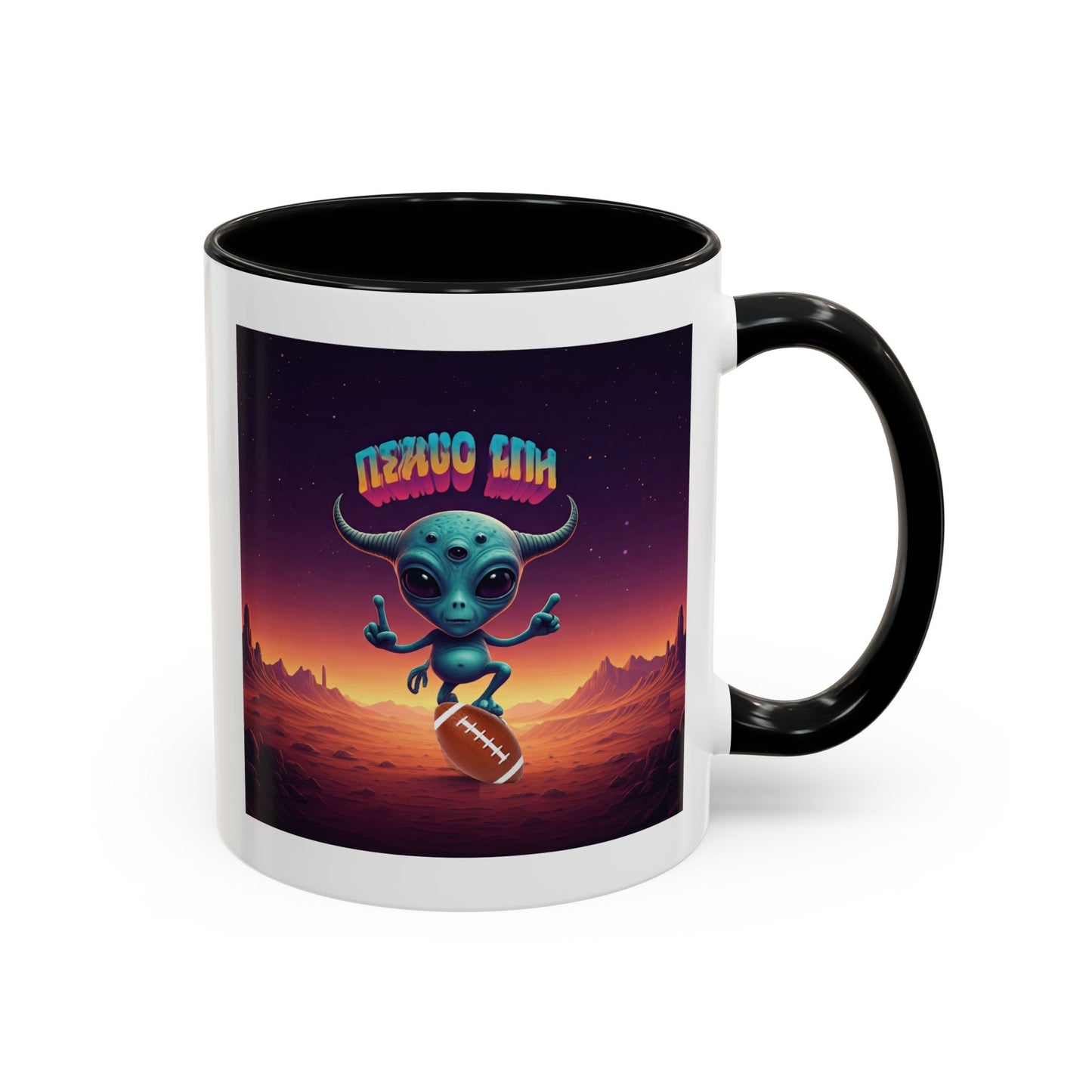 Alien playing football (rugby) on a unique black mug