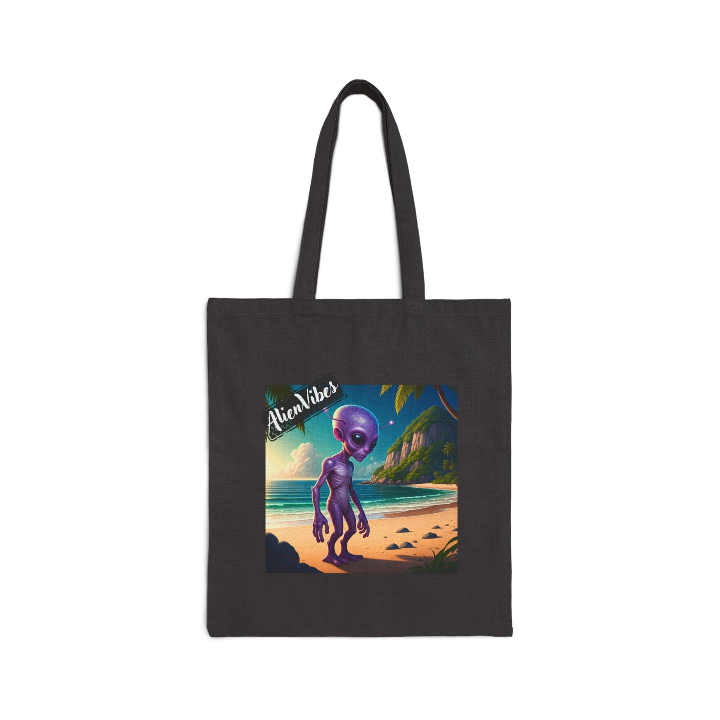 Alien at Beach tote bag: a funny alien walking on a sandy beach. Black version.