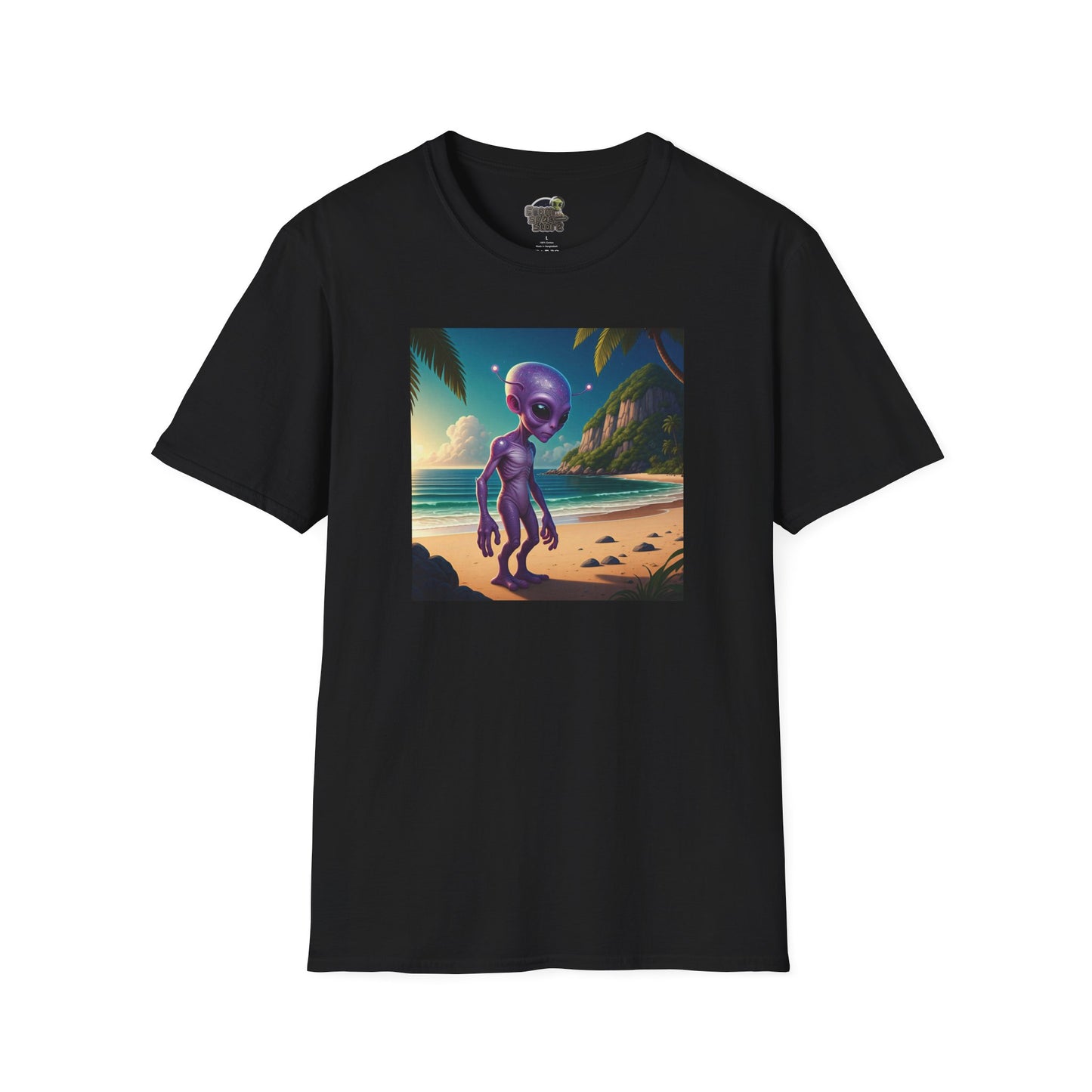 Alien at beach on a black unisex t-shirt graphic