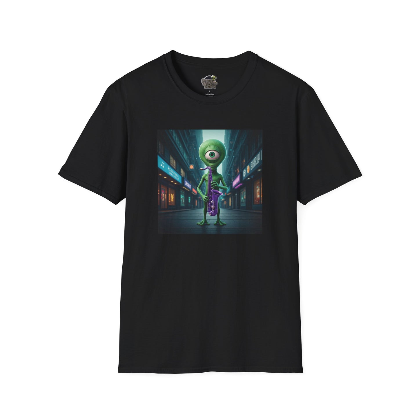 Black Unisex t-shirt alien playing saxophone in city night