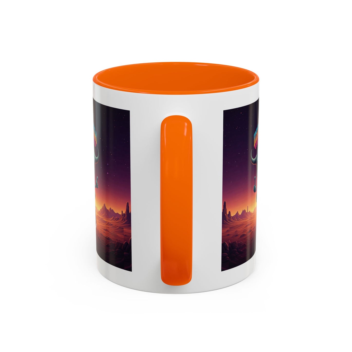 Alien playing football (rugby) on a unique purple mug, handle detail