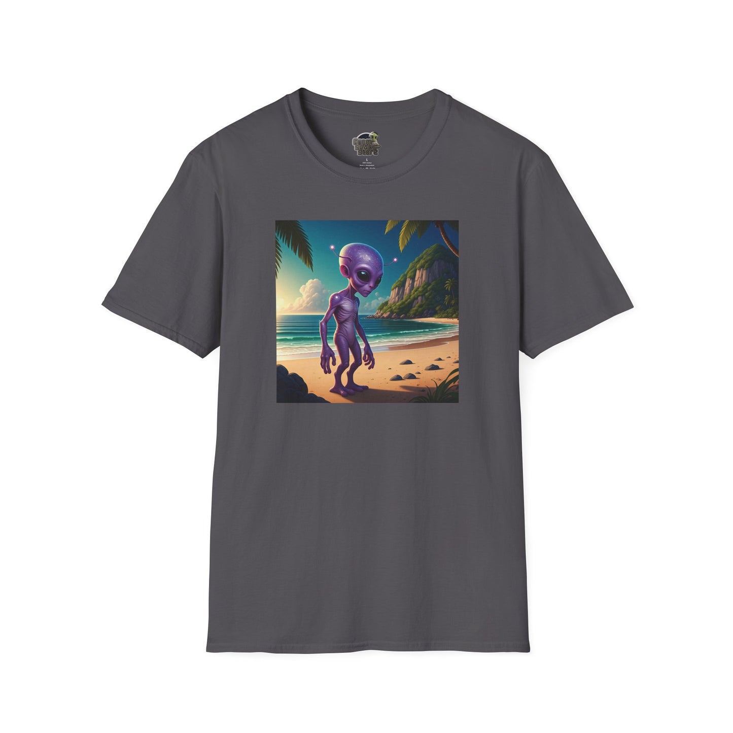 Alien at beach on a charcoal unisex t-shirt graphic