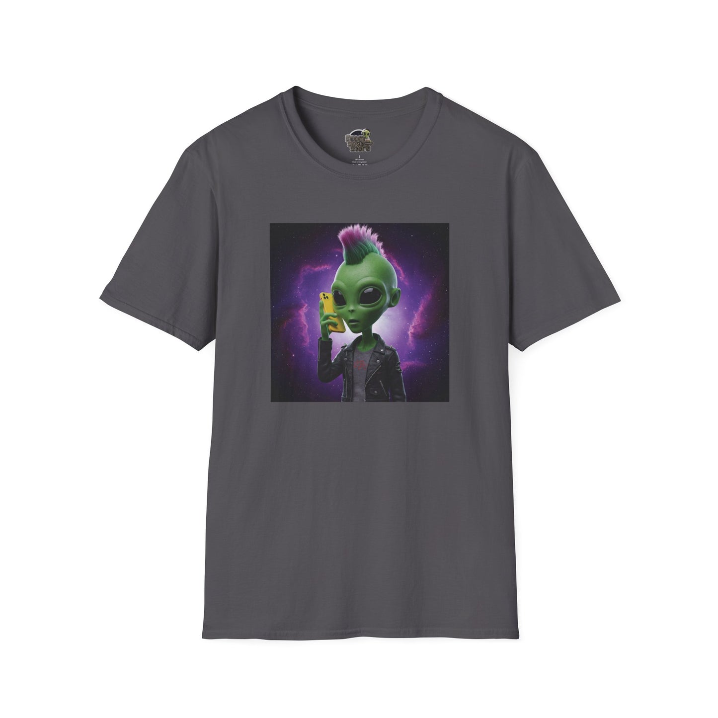 Charcoal Unisex alien punk t-shirt with mobile phone