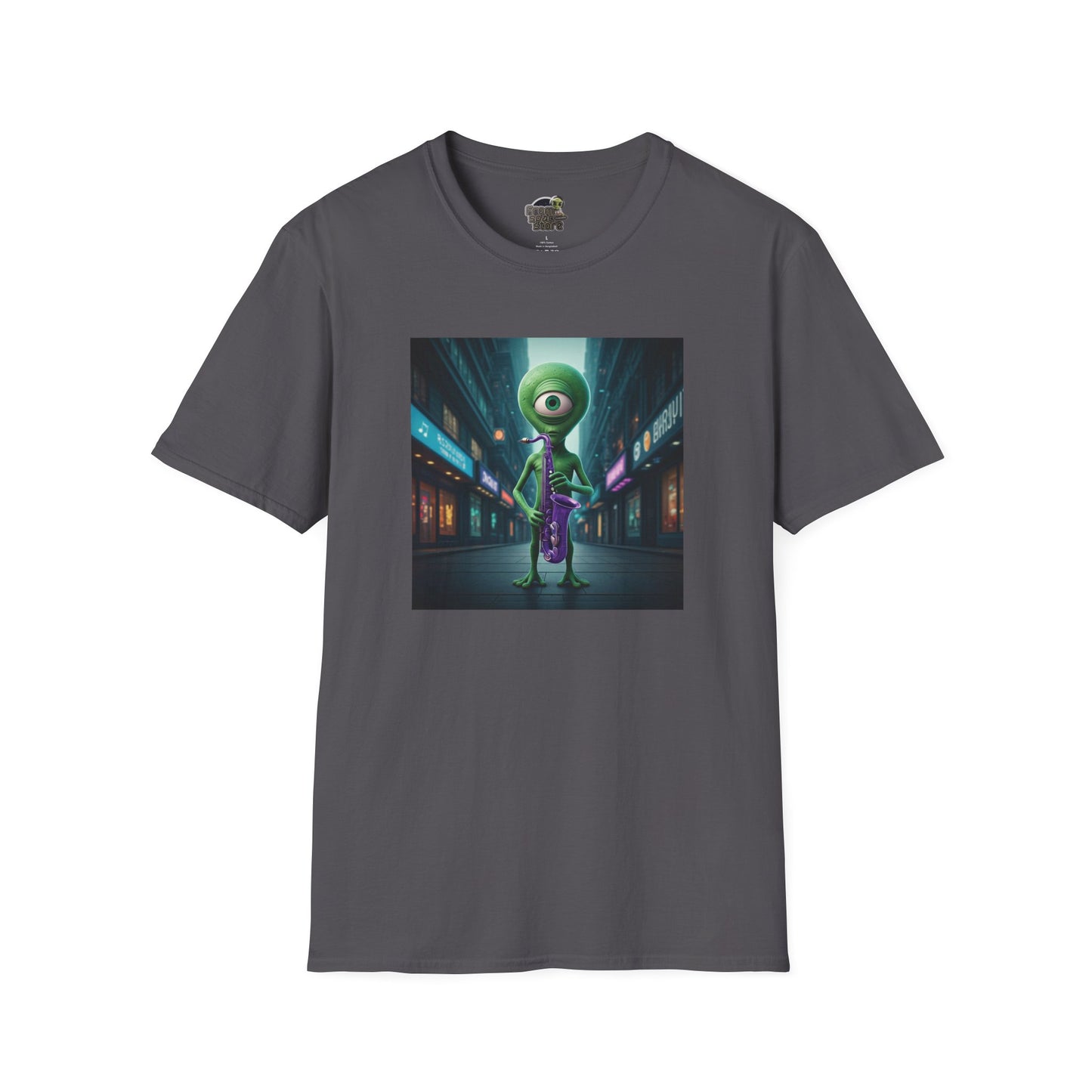 Charcoal Unisex t-shirt alien playing saxophone in city night