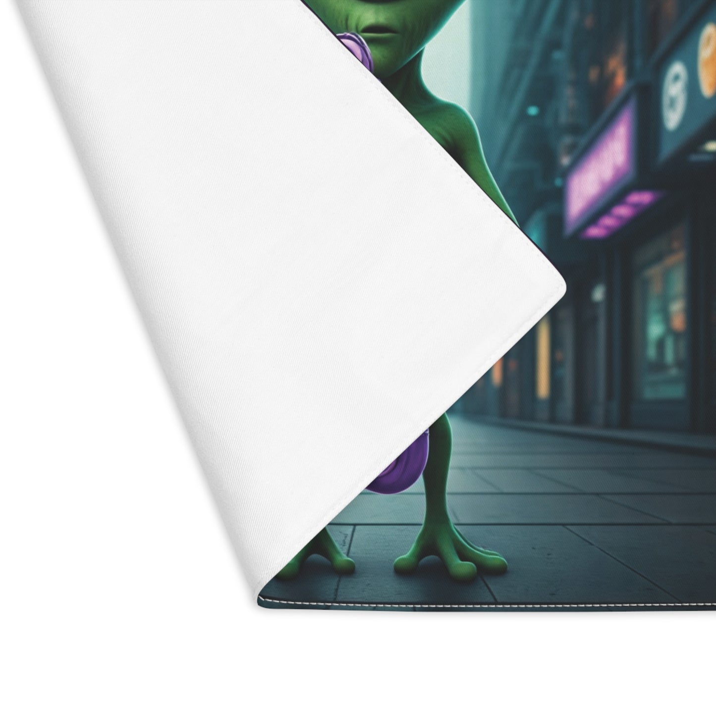 Character in green costume with purple accents on a city street background