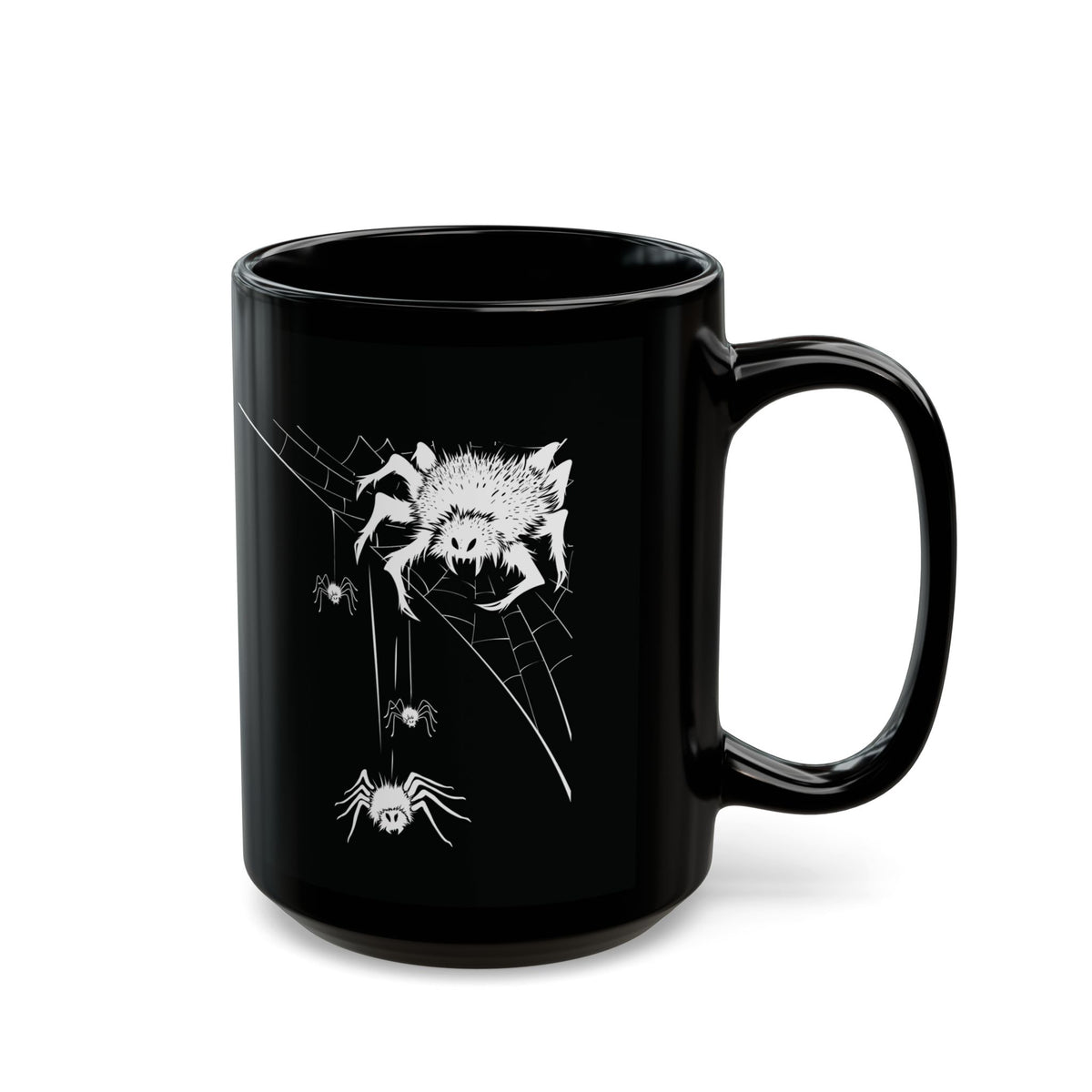 Isolated view of black ceramic Halloween coffee mug with spooky creepy spider web design.