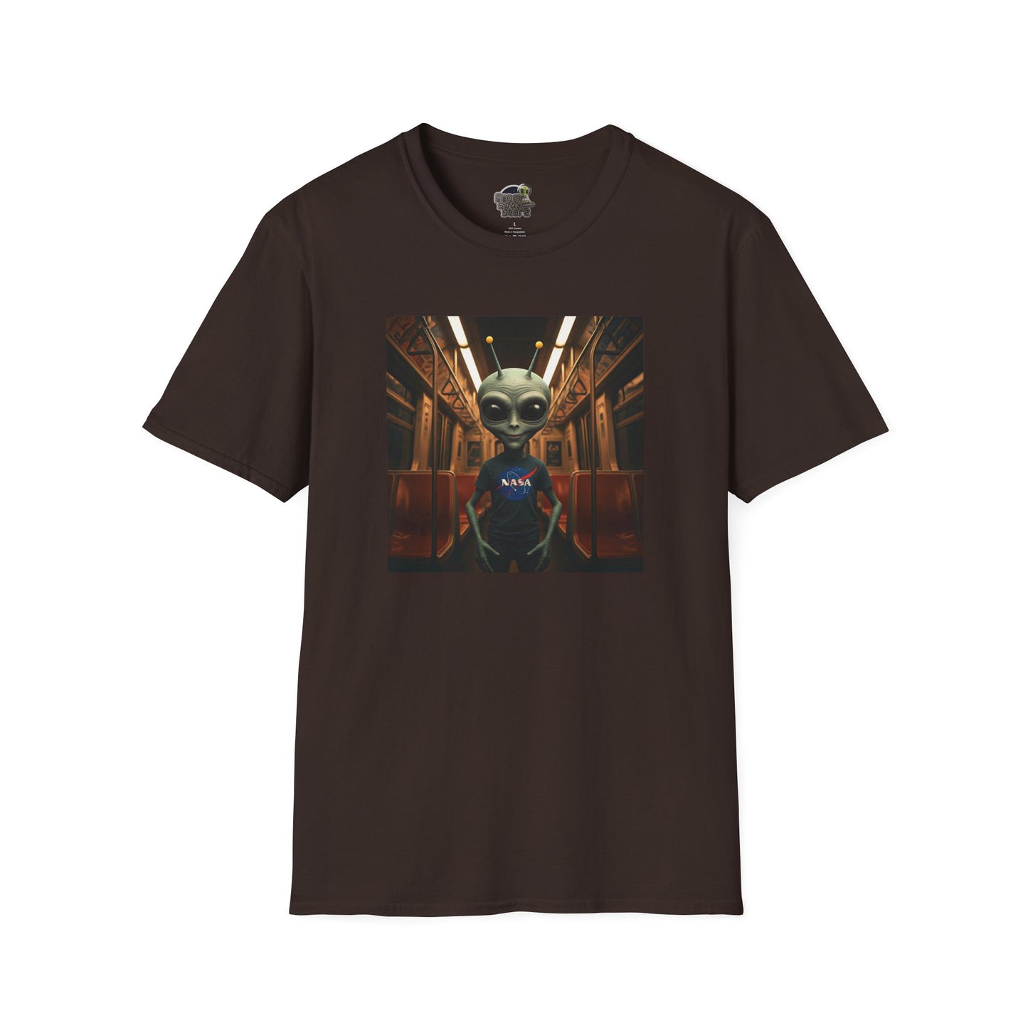 dark chocolate Unisex alien in subway T-shirt: funny and modern graphic tee