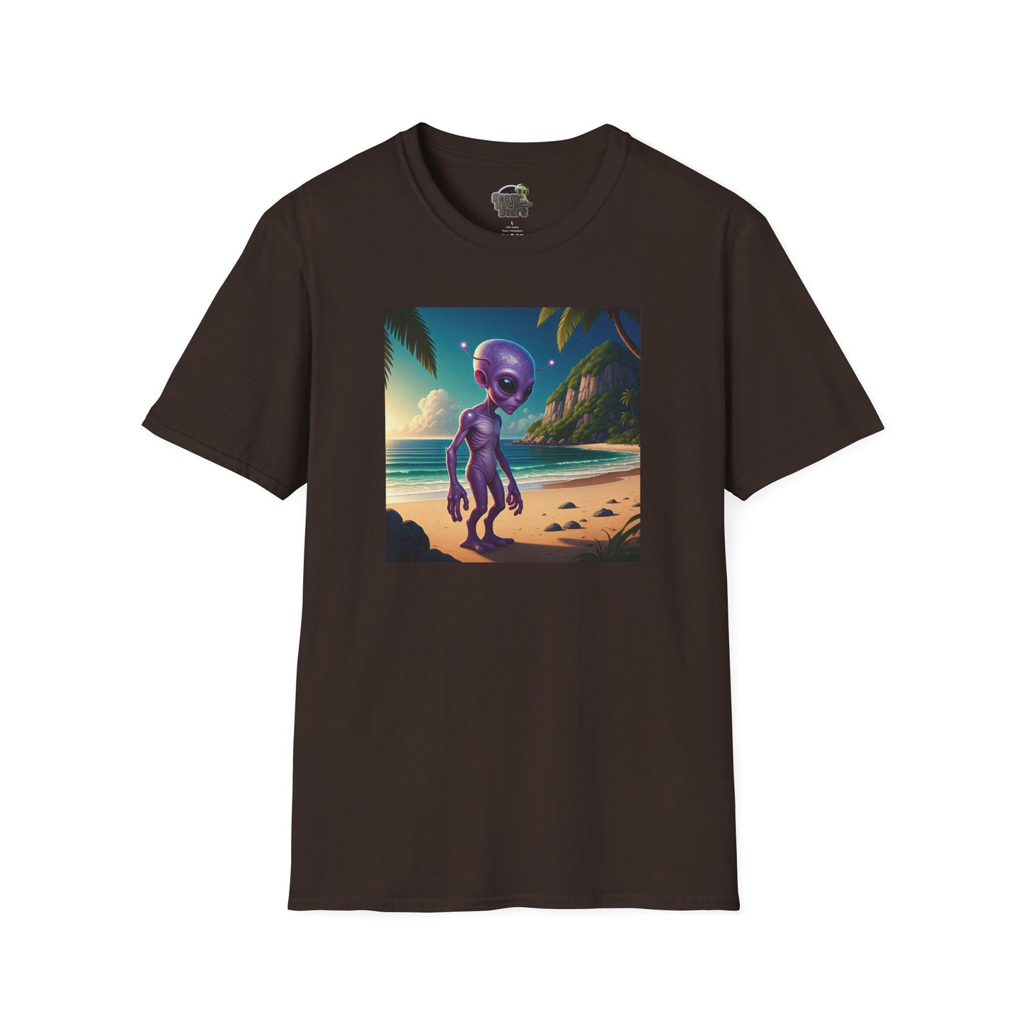 Alien at beach on a dark chocolate unisex t-shirt graphic