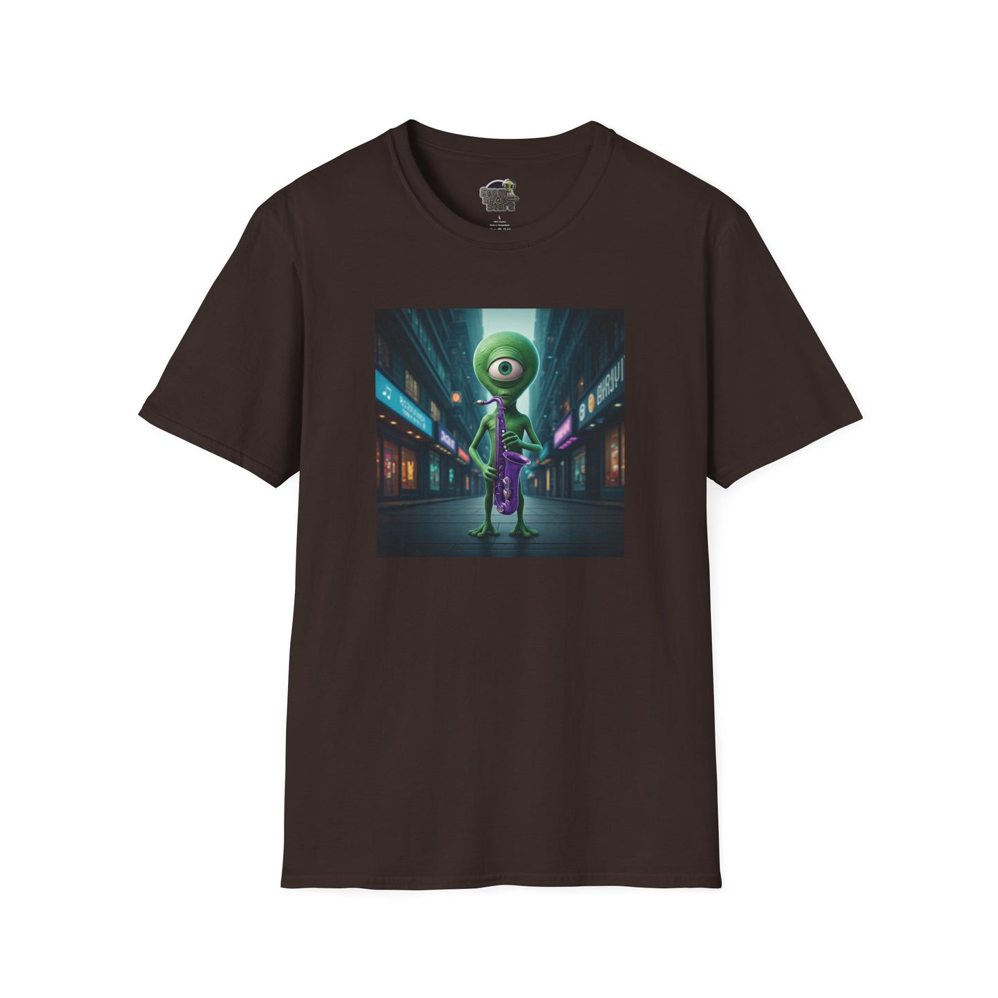 Dark chocolate Unisex t-shirt alien playing saxophone in city night