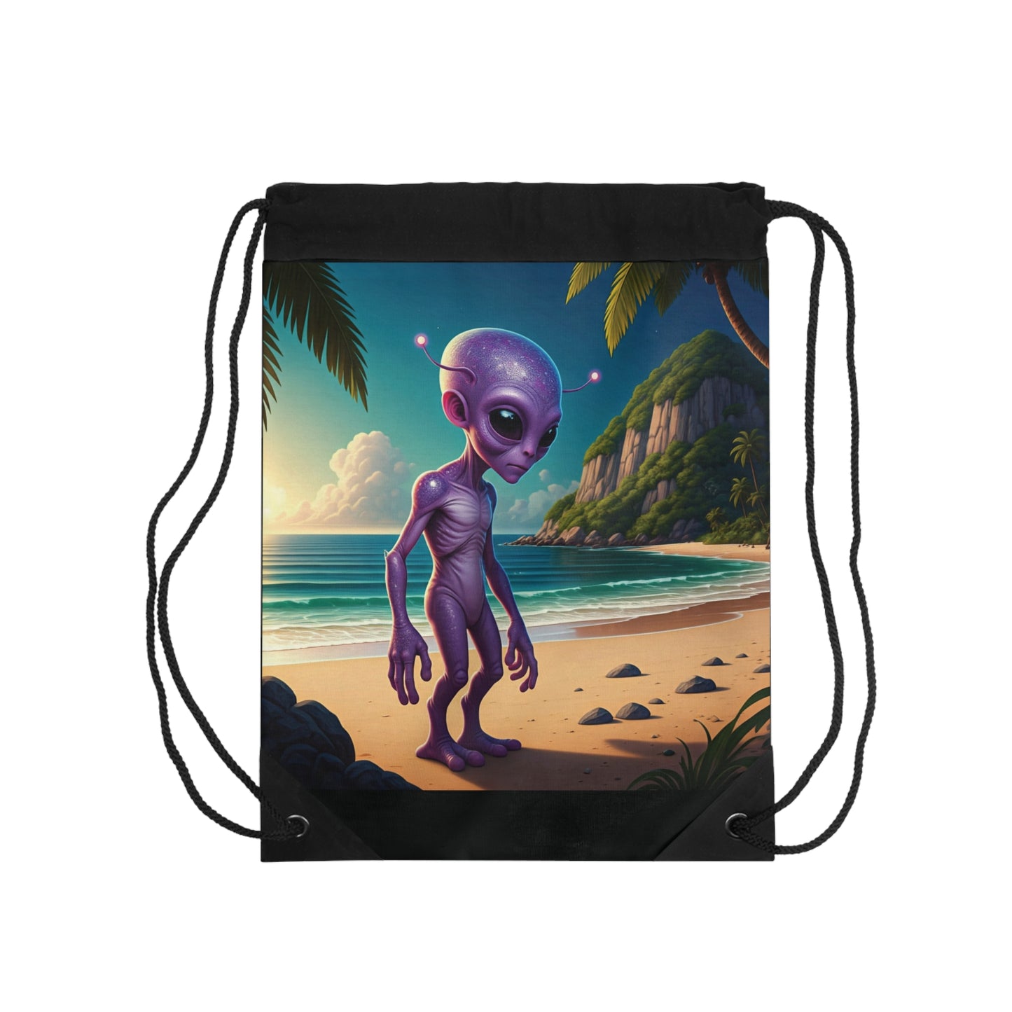 "Alien at Beach" Drawstring Bag: Sci-Fi Fun for Every Adventure!