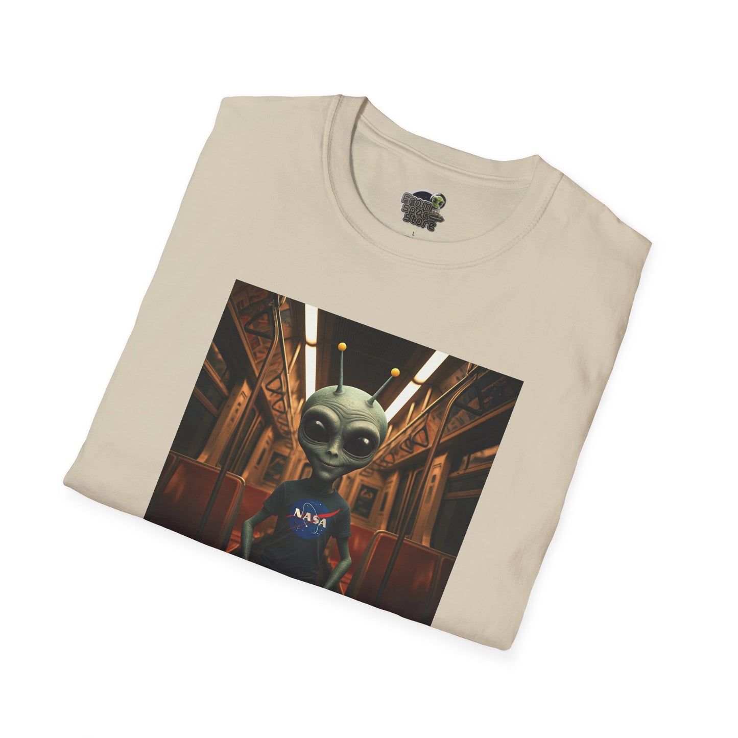 folded Unisex alien in subway T-shirt: funny and modern graphic tee