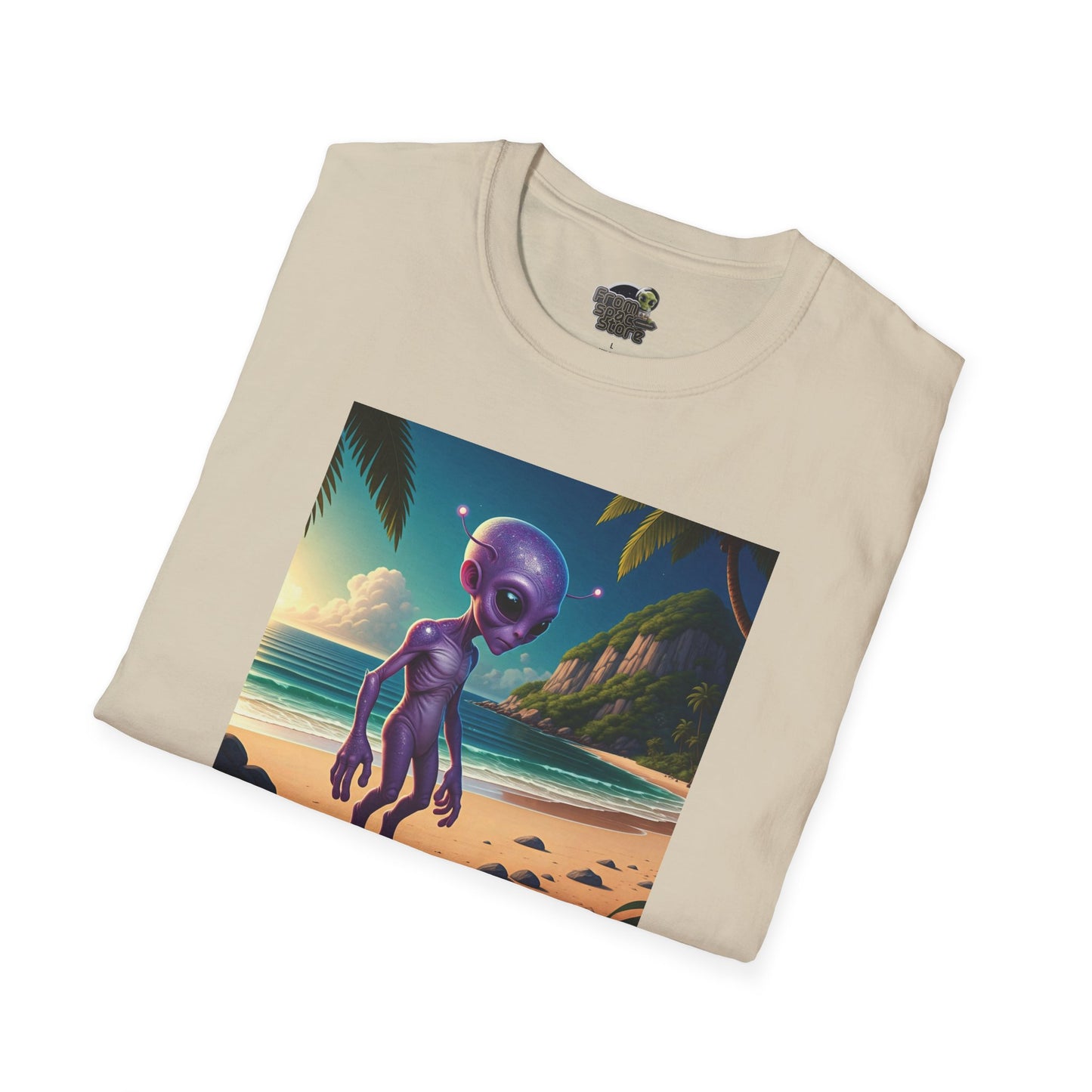 Alien at beach on a white folded unisex t-shirt graphic