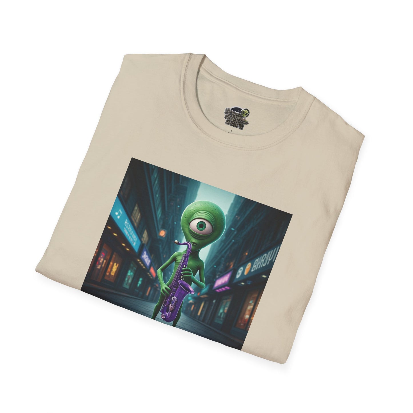 Sand folded Unisex t-shirt alien playing saxophone in city night