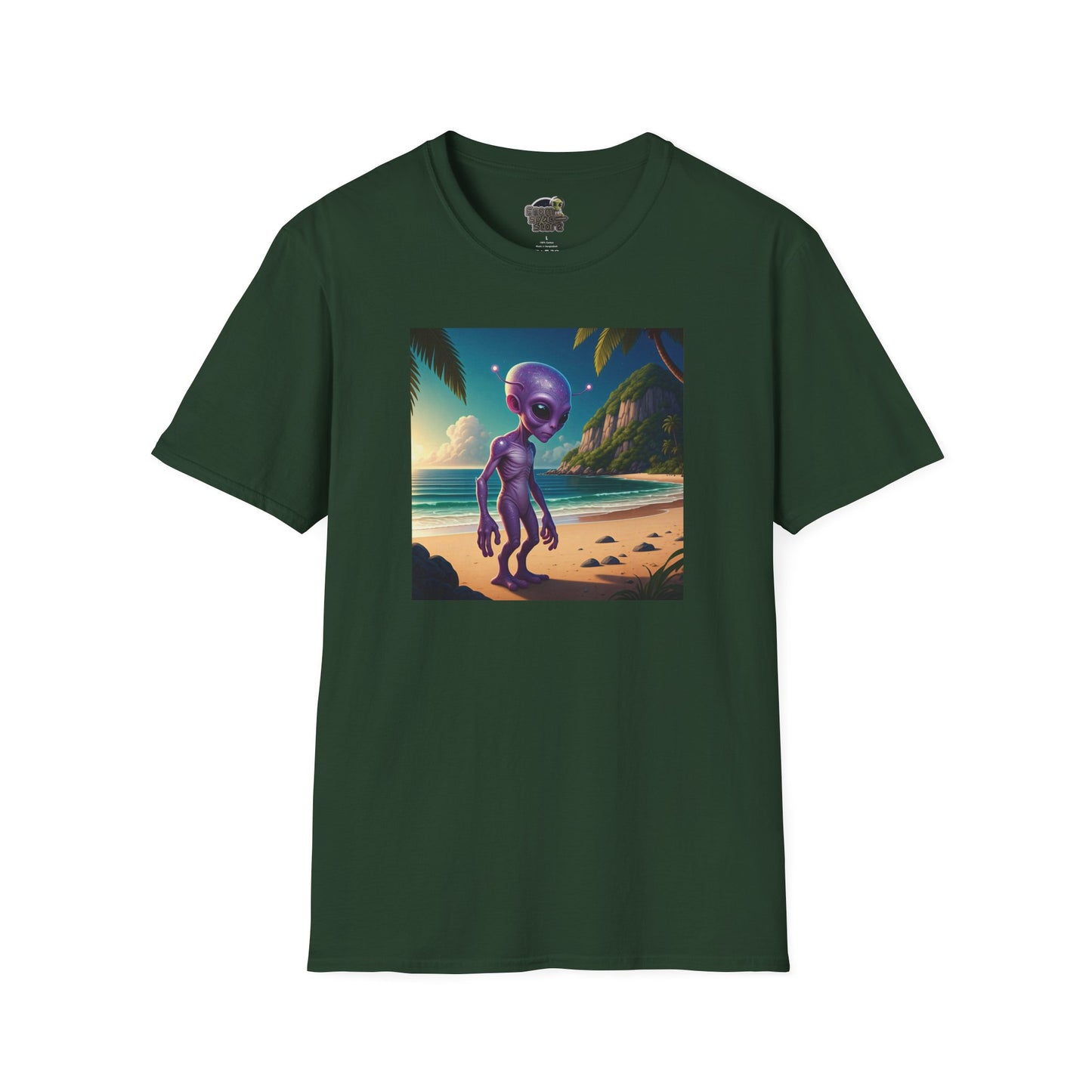 Alien at beach on a forest green unisex t-shirt graphic