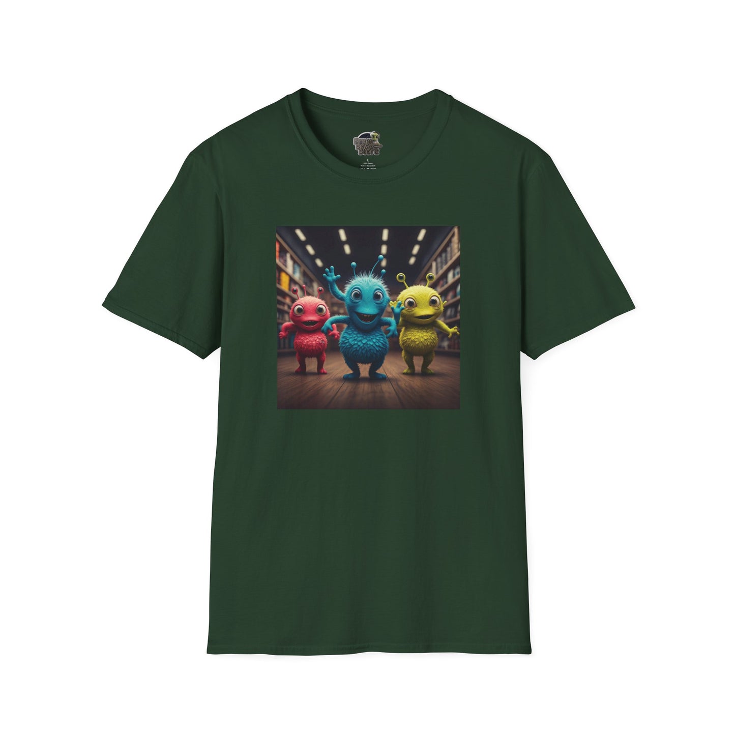 Alien dancer on a forest green T-shirt: funny and unique design