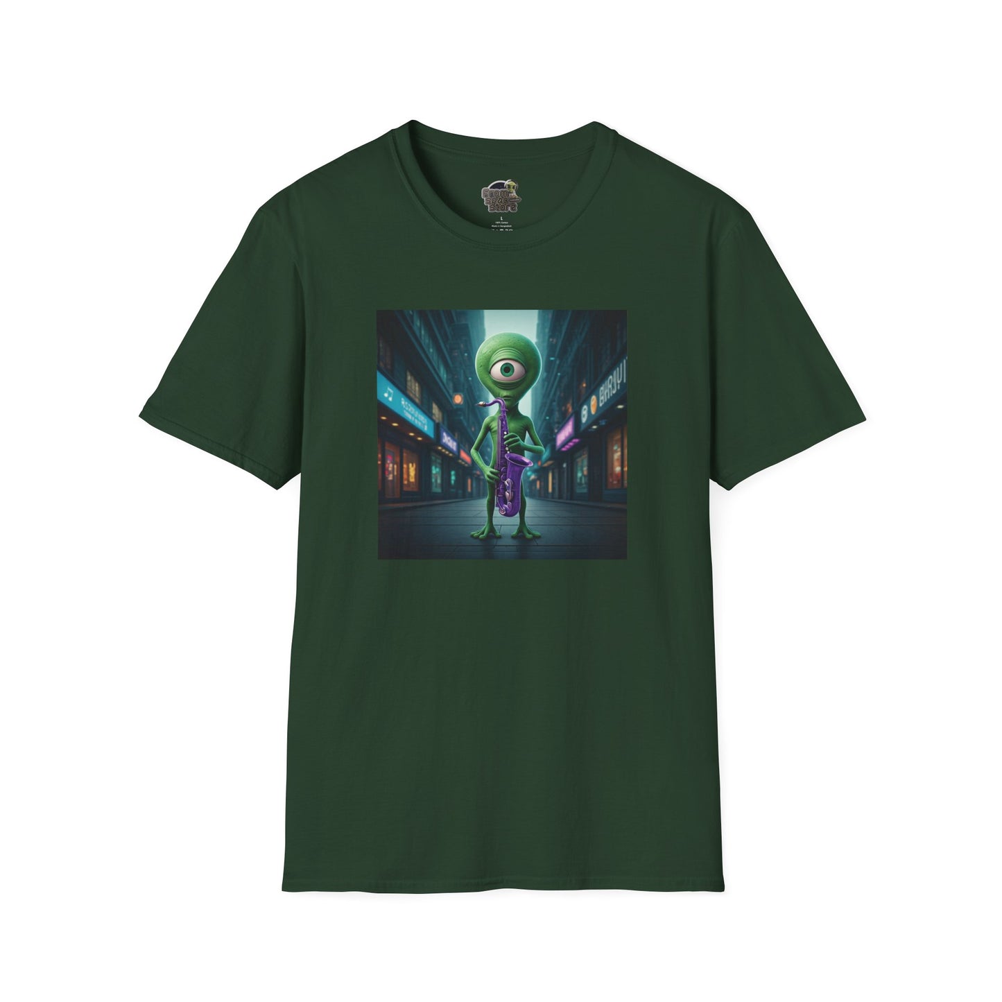 Forest green Unisex t-shirt alien playing saxophone in city night