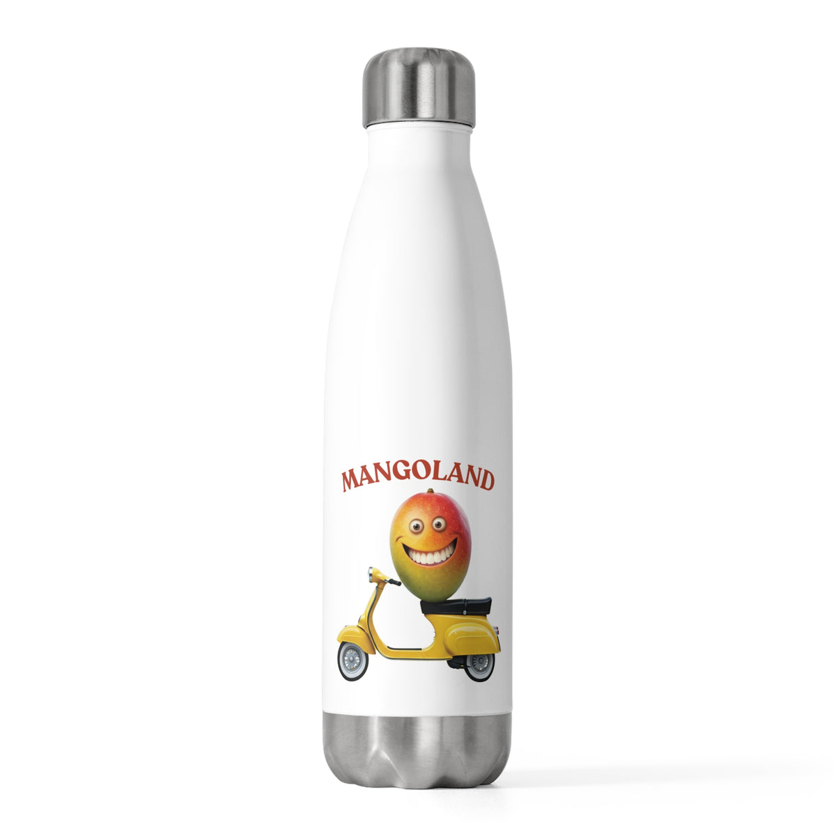 Front studio view of a white stainless steel water bottle displaying a smiling cartoon mango riding a yellow vespa scooter with Mangoland text quote.