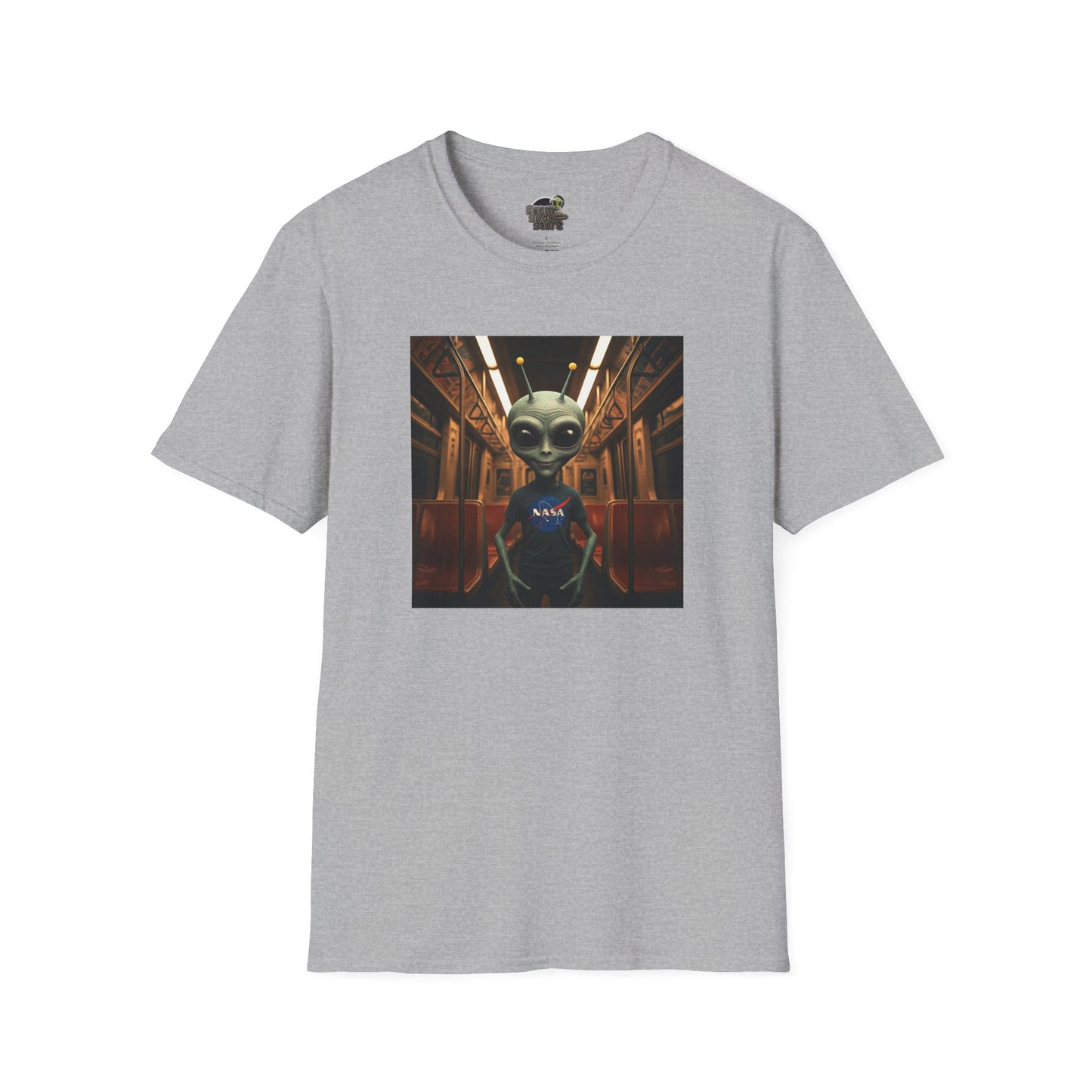 gray Unisex alien in subway T-shirt: funny and modern graphic tee