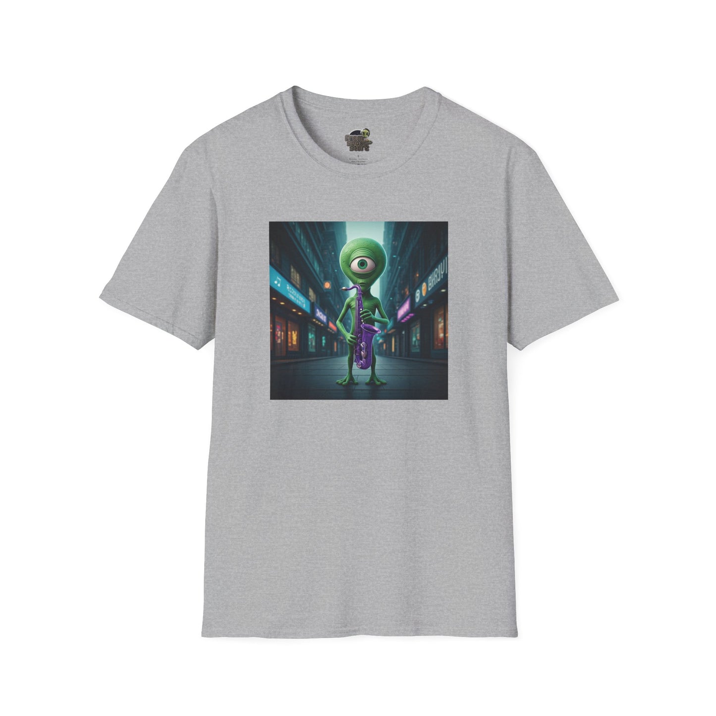 Grey Unisex t-shirt alien playing saxophone in city night